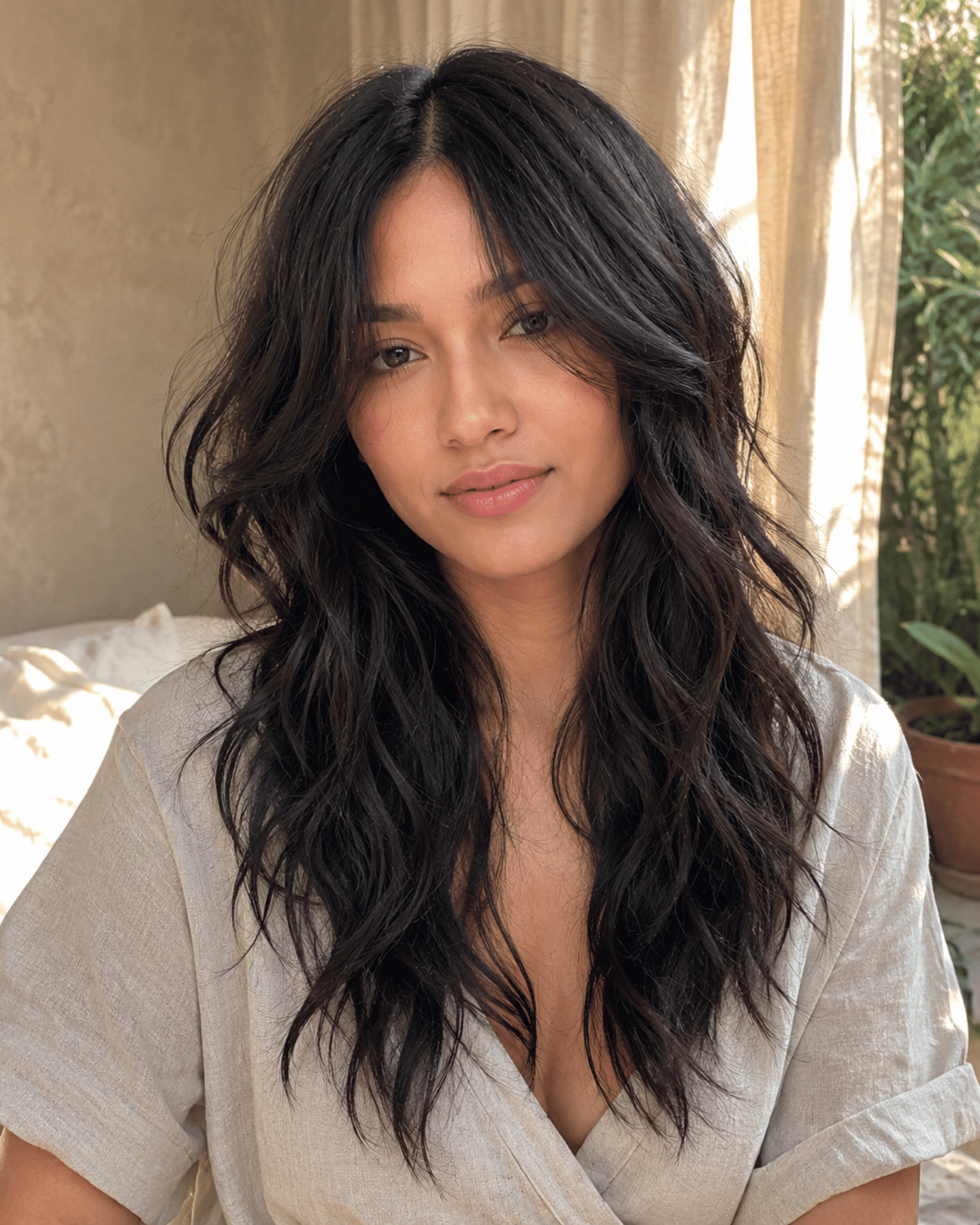Wolf cut on natural wavy hair showing soft shaggy layers blending naturally into textured waves with effortless movement