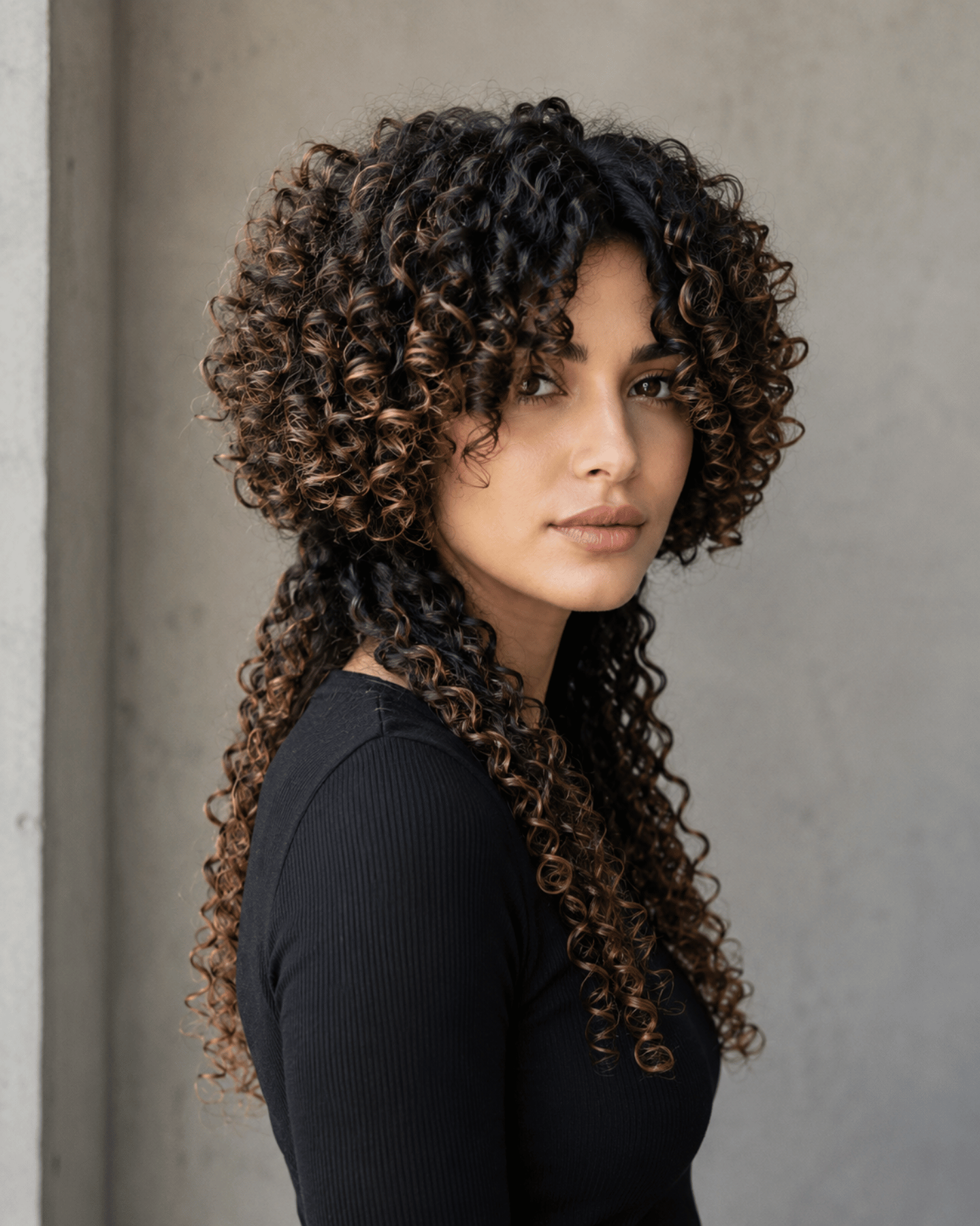 Jellyfish haircut on high-density 3C curly hair showing a compact rounded bell shape on top with long defined spiral curls below creating dramatic layer contrast