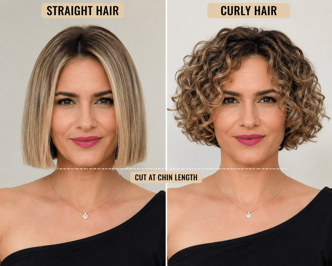 Shrinkage comparison showing jellyfish cut top layer at chin length on straight hair versus the same measured cut springing up to jaw level on curly hair