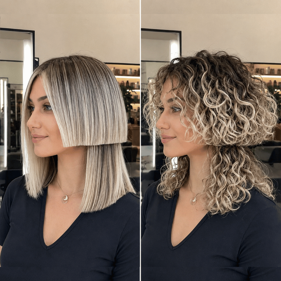 Side-by-side comparison of jellyfish haircut on straight hair versus curly hair showing how curls change the silhouette from geometric to voluminous