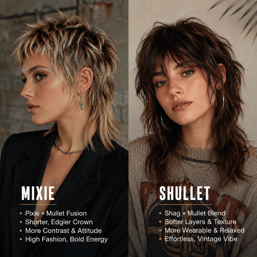 Split-frame comparison of mixie haircut and shullet haircut showing the difference between aggressive pixie-mullet styling and softer shag-mullet texture
