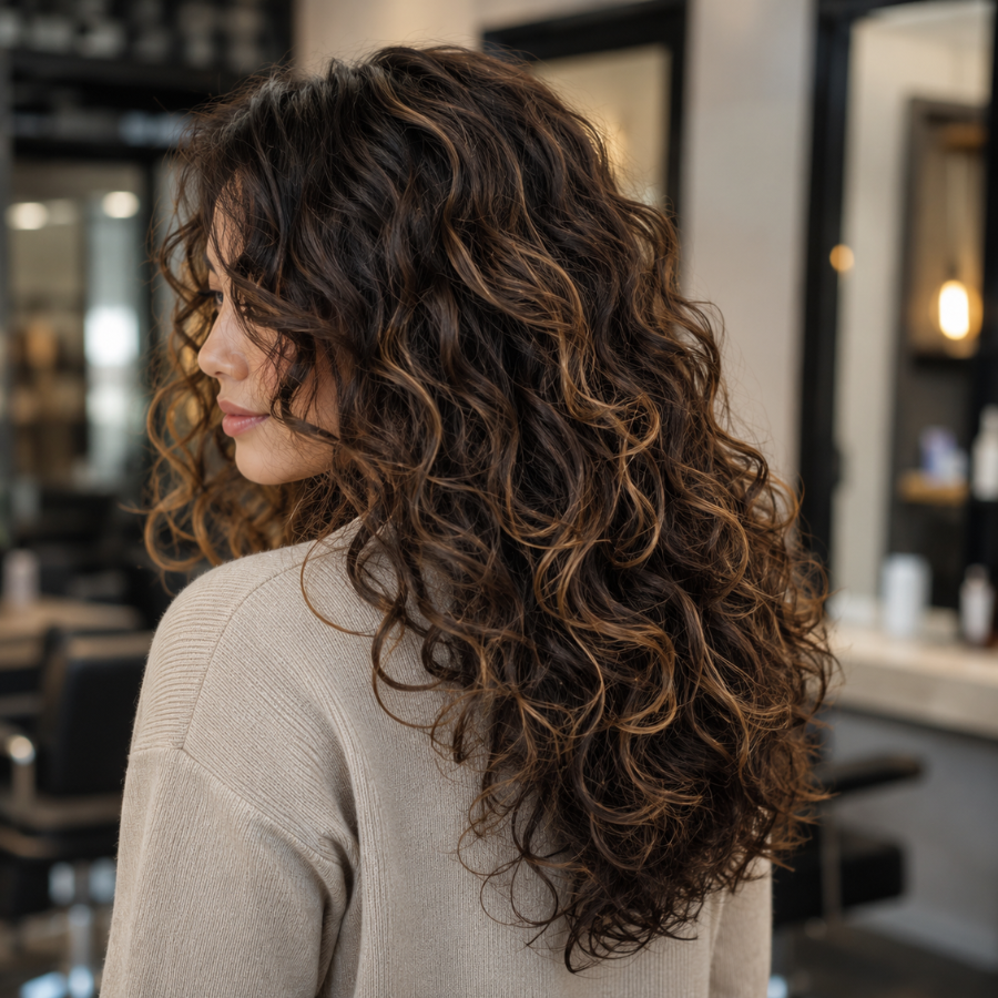 Woman with a multi-textured perm featuring a natural mix of loose waves and defined curls throughout layered long hair in a modern salon setting.