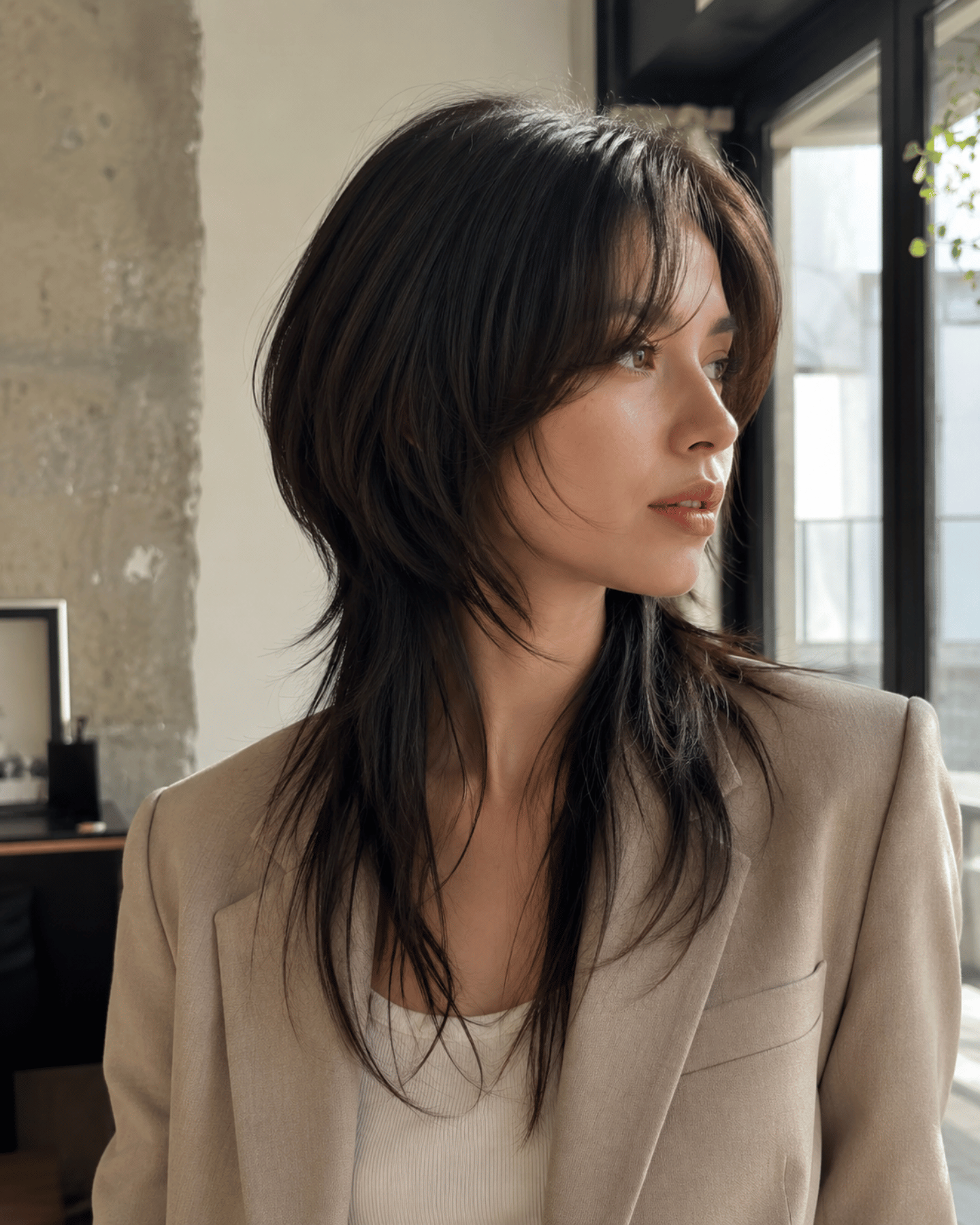 Woman with an octopus haircut featuring layered medium-length hair, soft crown volume, and tapered ends in natural indoor lighting.