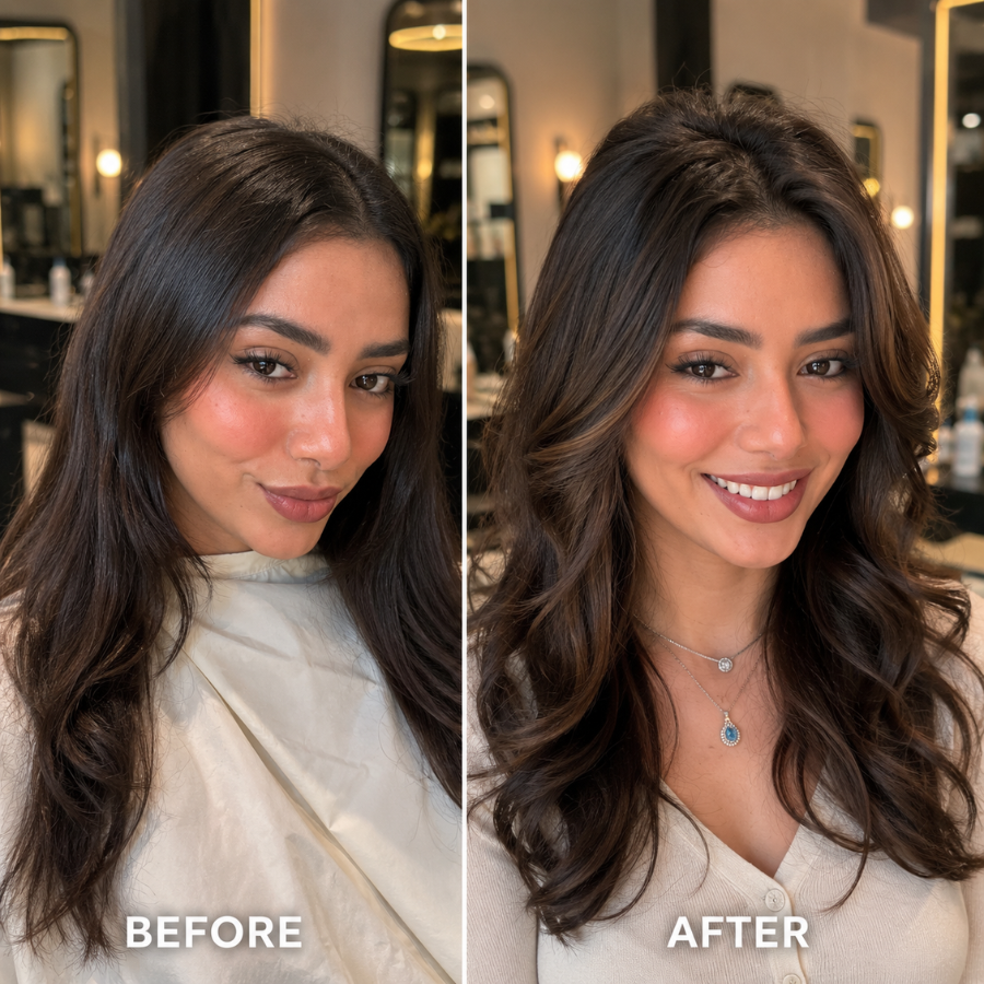 Before and after partial perm transformation showing flat crown with no volume on the left and lifted fuller hair with targeted volume at the crown on the right in a modern salon