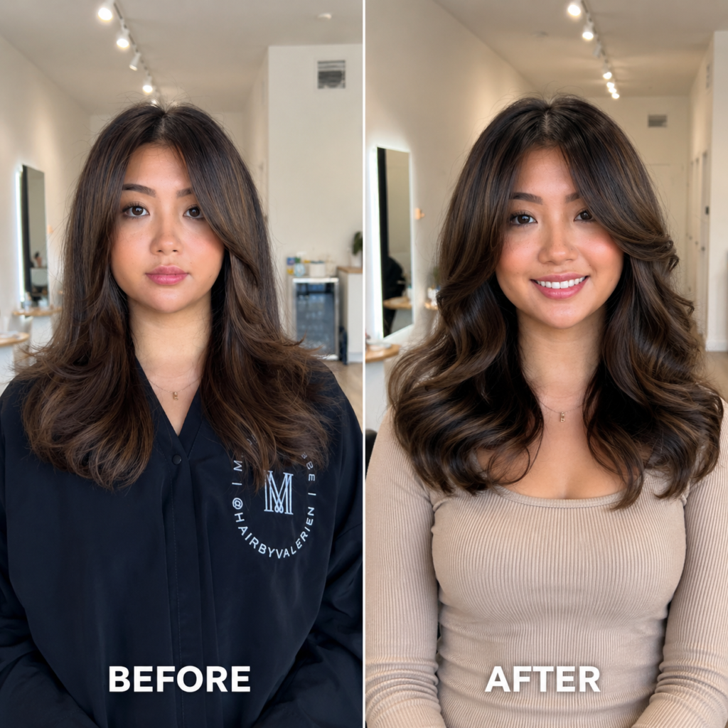 Before and after pin curl perm transformation showing flat unstyled hair on the left and soft bouncy vintage-inspired waves on the right in a modern salon