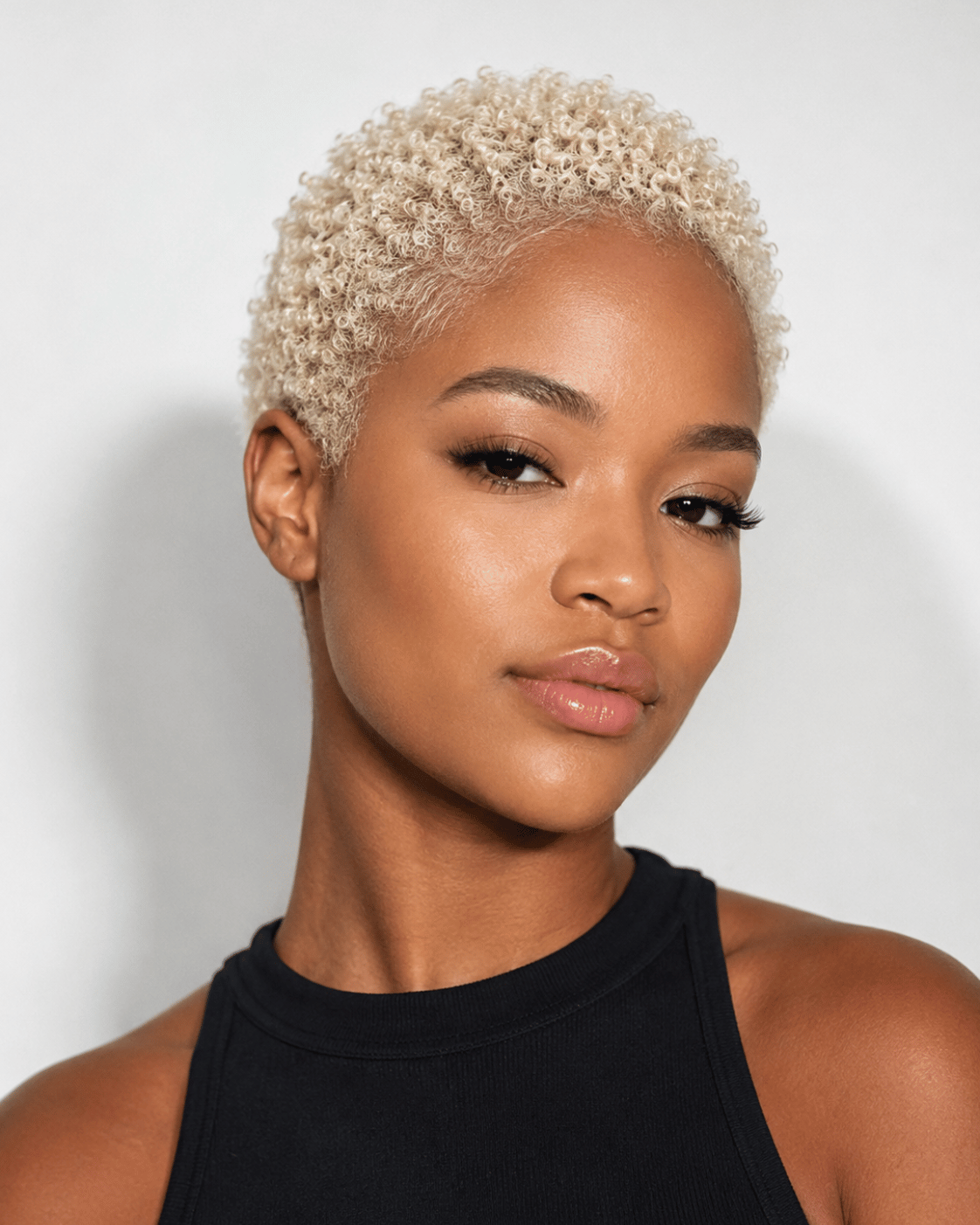 Platinum blonde hair color on deep dark skin with a short textured cut and cool-toned finish