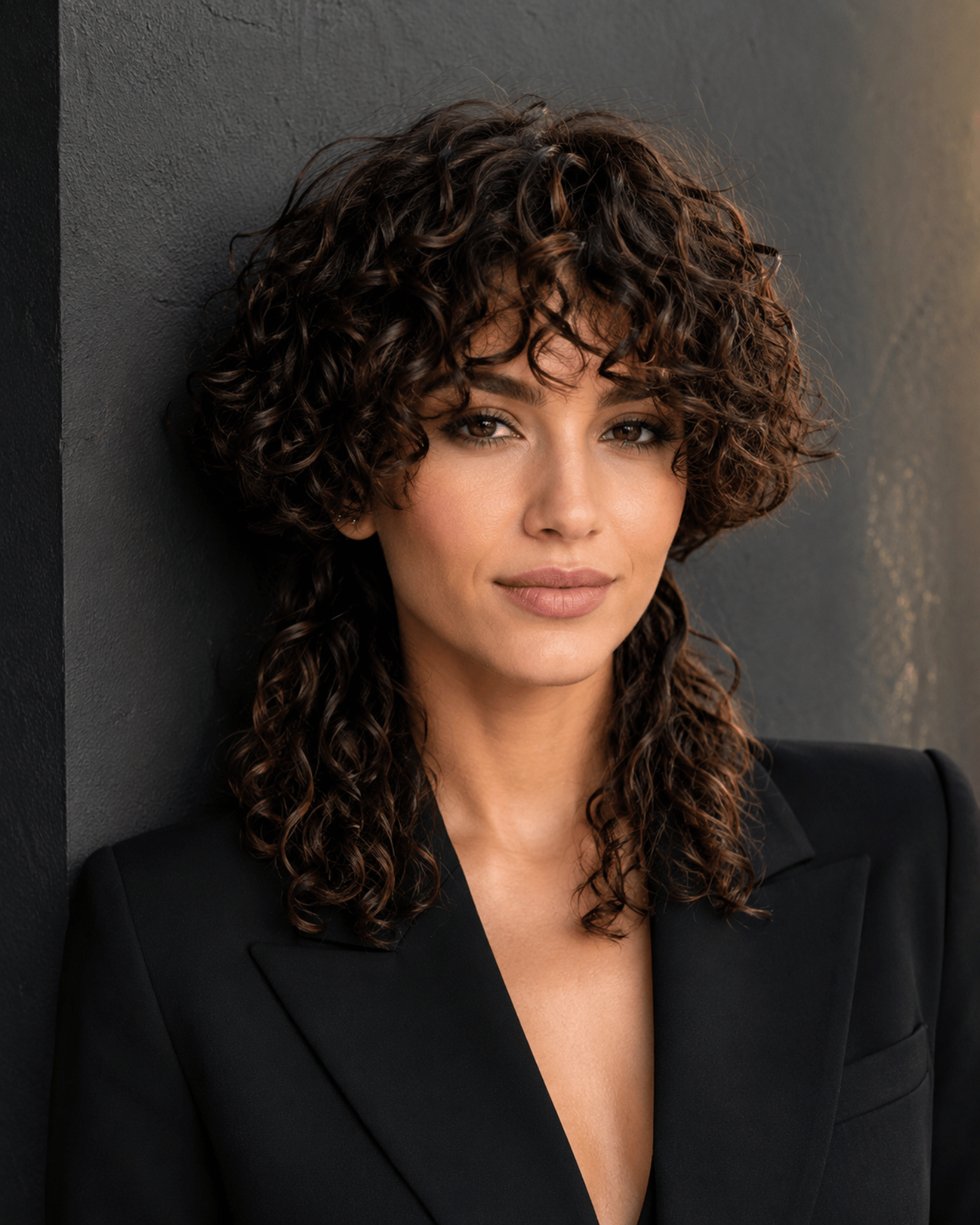 Short jellyfish haircut on curly hair featuring an ear-level rounded top layer and collarbone-length lower curls with dramatic contrast between the sections