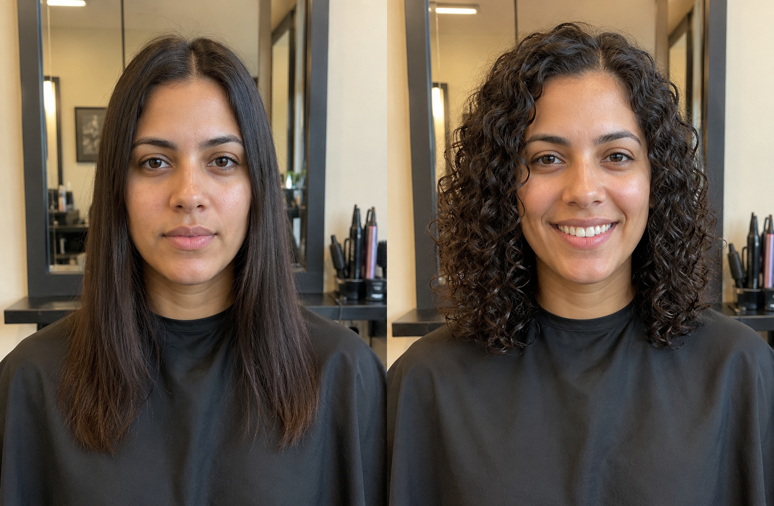 Before and after spiral perm at Salon 1150 showing straight flat hair transformed into tight bouncy spiral curls with dramatic volume