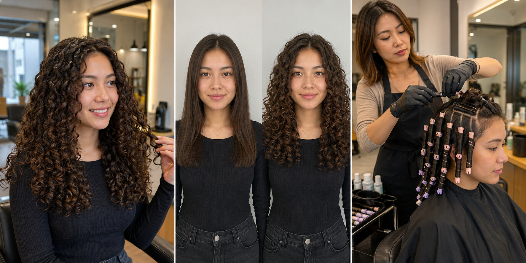 Woman showing a complete spiral perm transformation with defined curls and salon perm rod application process