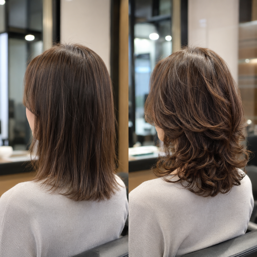 Before and after stack perm transformation showing fine layered hair with fuller mid-lengths and soft voluminous curls at the ends in a modern salon setting.