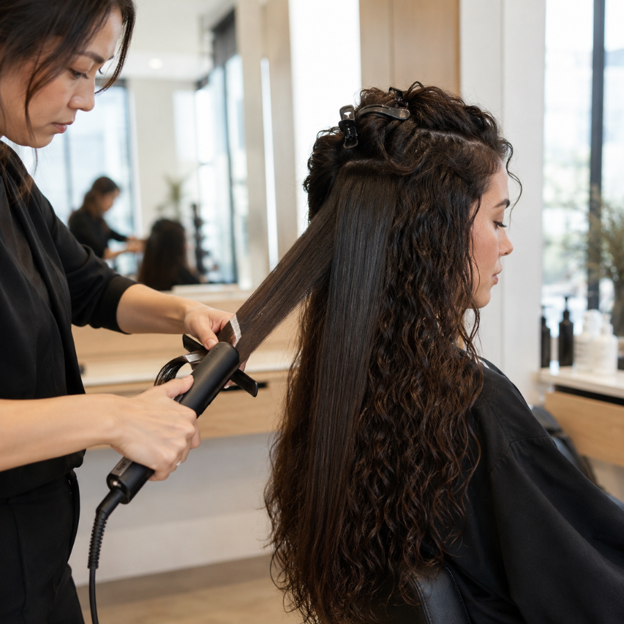 Stylist performing a Japanese straight perm treatment on naturally curly hair with visible smooth straightened sections during the salon process.