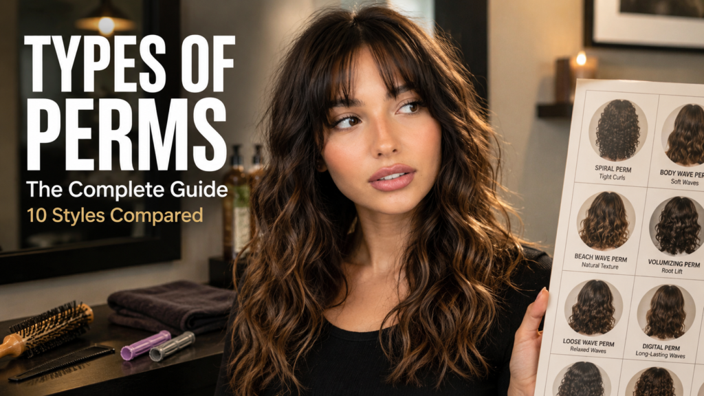 Woman with voluminous perm waves in a modern salon holding a perm styles comparison chart with text overlay reading Types of Perms The Complete Guide 10 Styles Compared