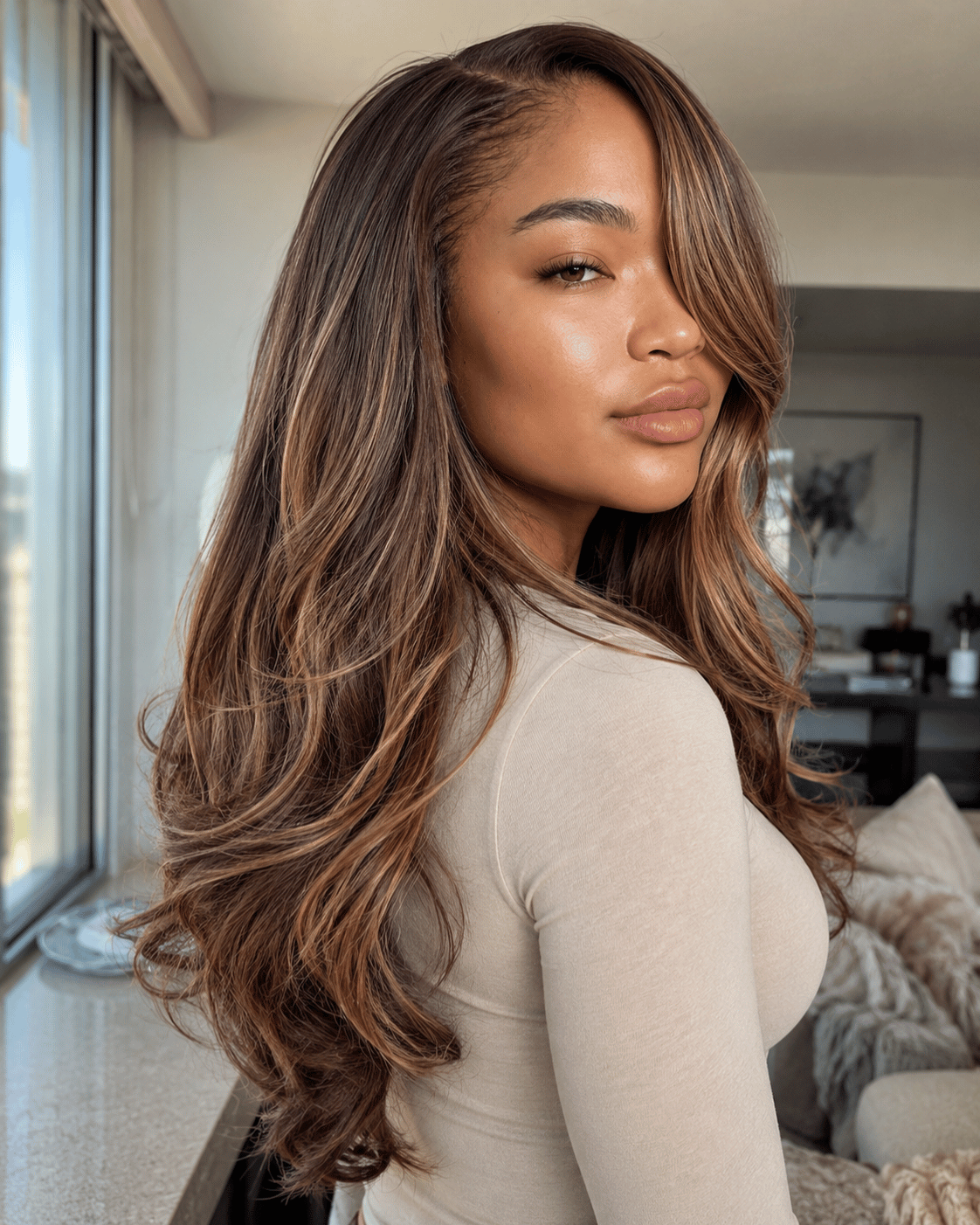 Bronde hair color on dark skin with warm brown and blonde dimension in layered waves