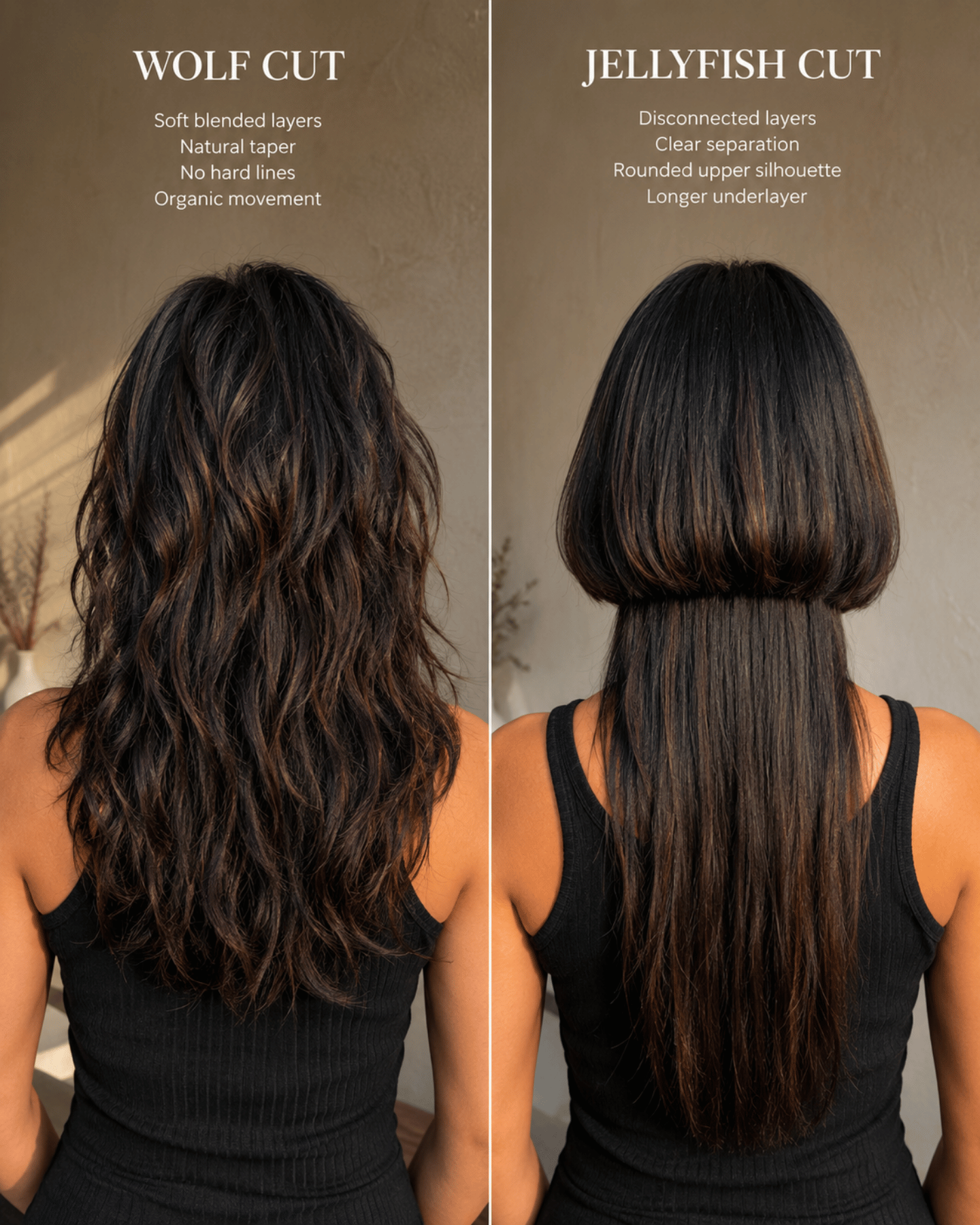 Back view comparison of wolf cut and jellyfish cut showing blended layered taper versus sharp disconnected layering from behind