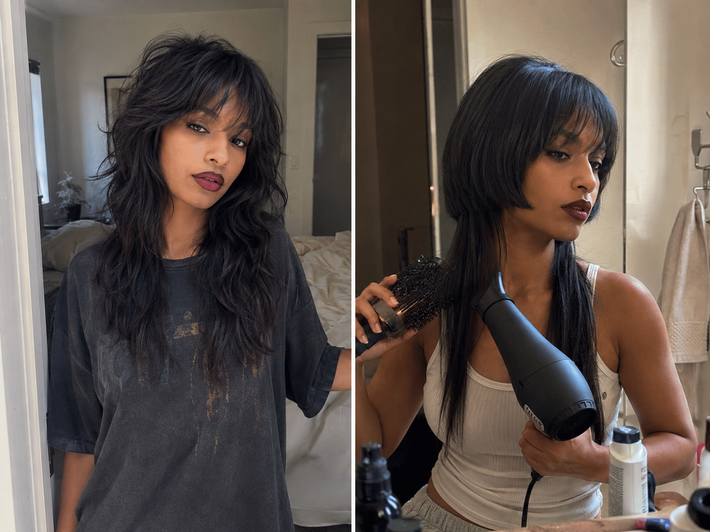 Real-life comparison of a wolf cut and jellyfish cut showing low-maintenance shaggy texture versus high-maintenance structured styling