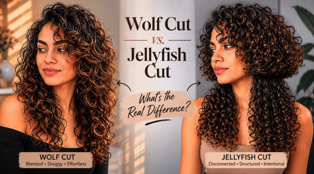 Featured image comparing wolf cut and jellyfish cut hairstyles with blended shaggy layers versus sharp disconnected structure