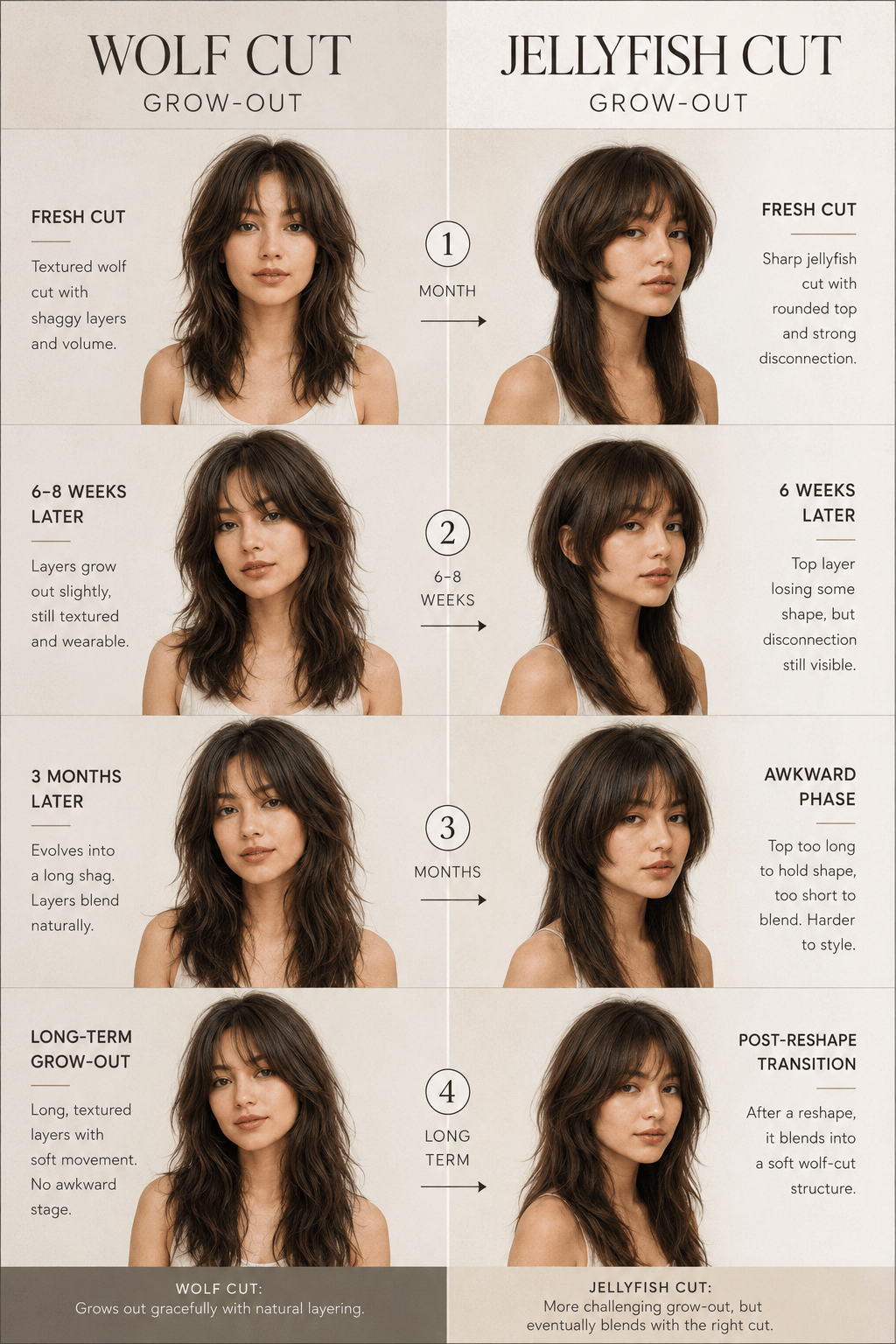 Infographic showing how wolf cuts and jellyfish cuts grow out over time from fresh haircut to long-term transition stages