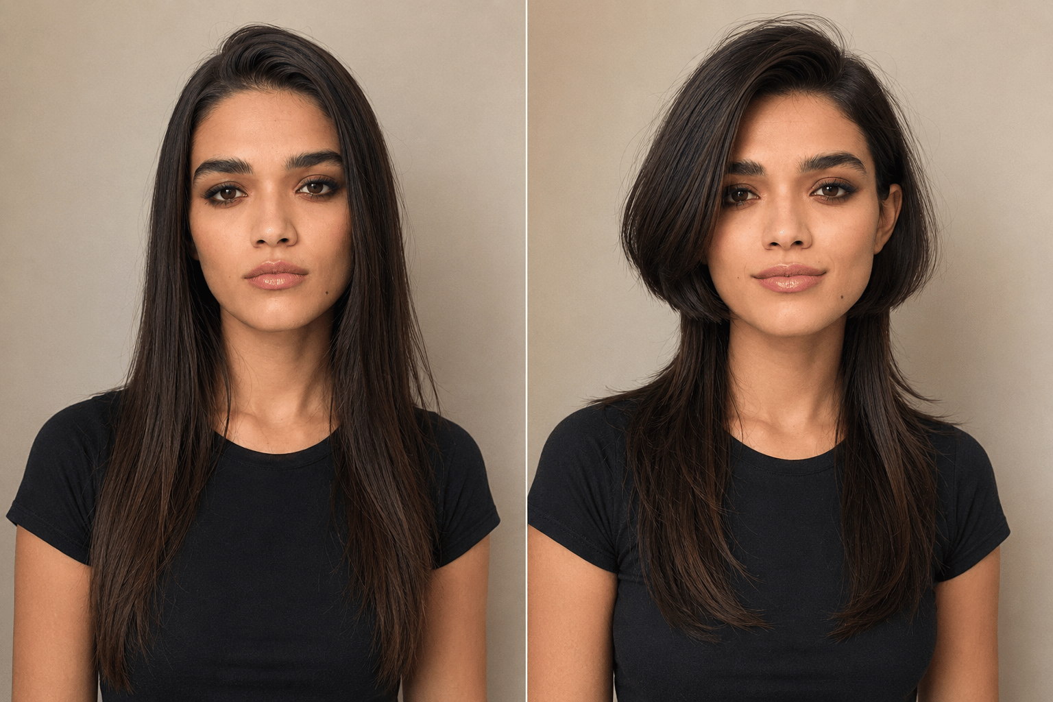 Before and after jellyfish haircut transformation showing long one-length hair changed into a two-tier jellyfish haircut with a distinct disconnected layer.