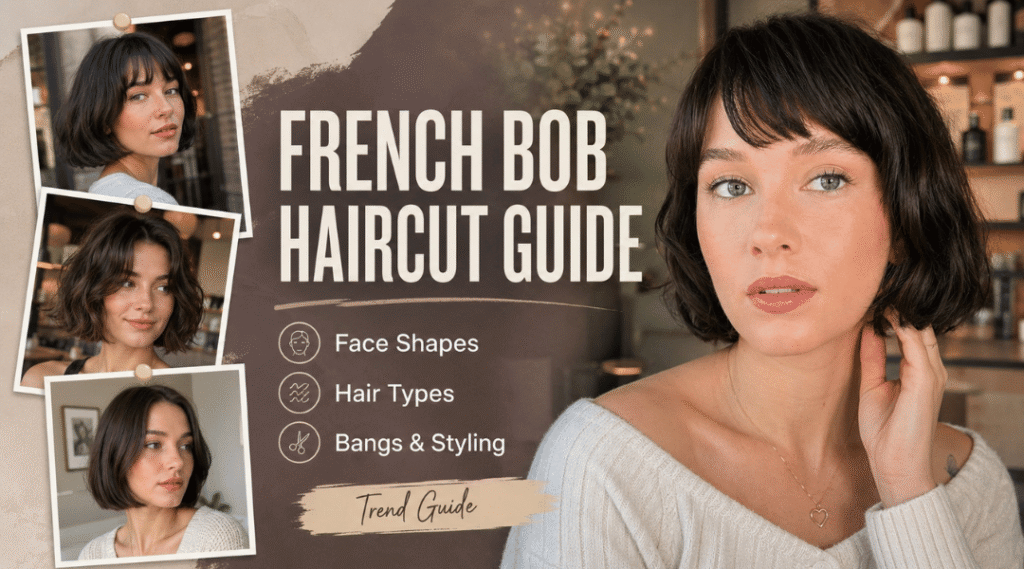 Featured image showing a modern French bob haircut alongside multiple French bob style variations and haircut considerations.