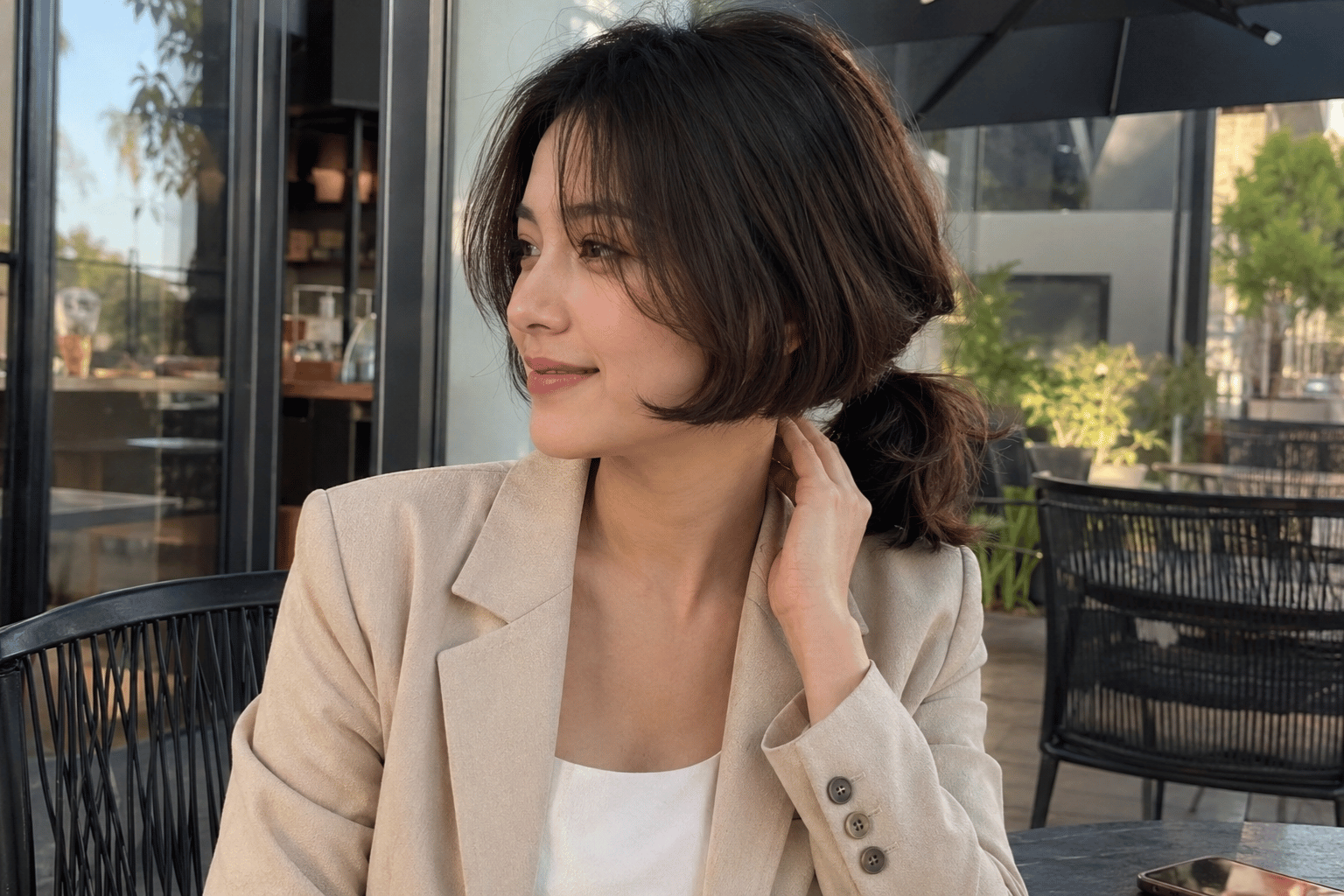 Jellyfish haircut styled with the bottom layer in a low ponytail while the short top layer frames the face like a bob haircut.