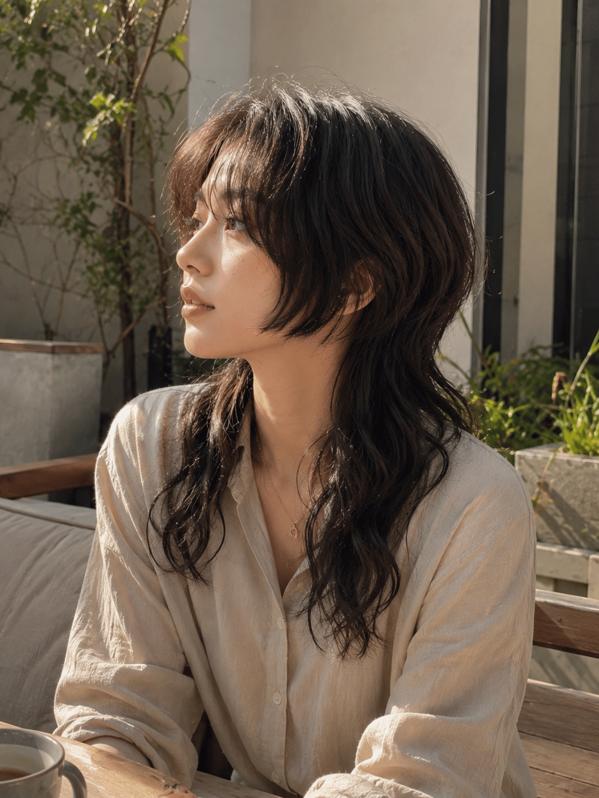 Jellyfish haircut on wavy hair showing how natural waves soften the disconnection between the short top layer and longer bottom layer.