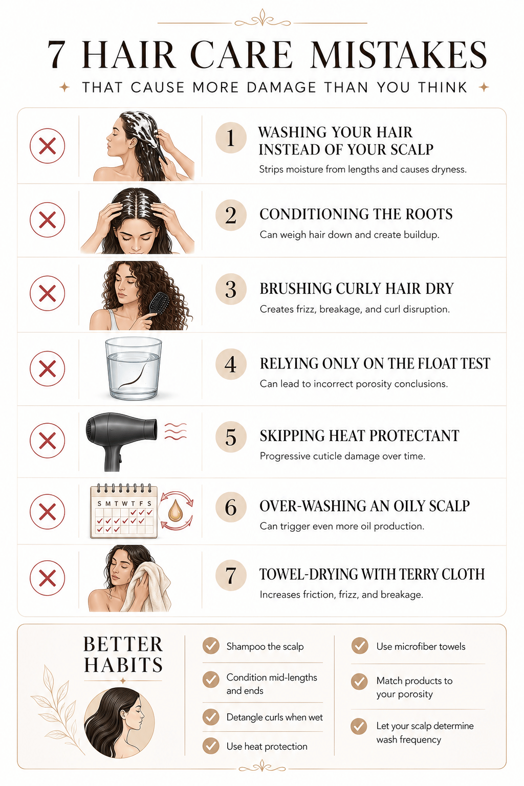 Hair care mistakes infographic showing seven common causes of hair damage including over-washing, conditioning roots, brushing curly hair dry, skipping heat protectant, and using rough towels.