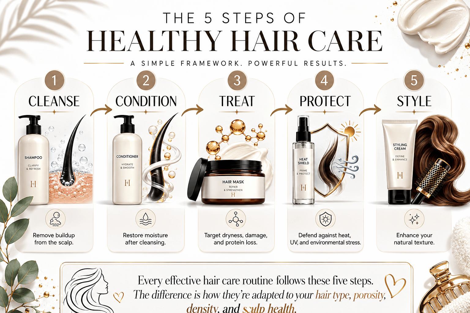 Infographic showing the five essential steps of an effective hair care routine including cleanse, condition, treat, protect, and style.