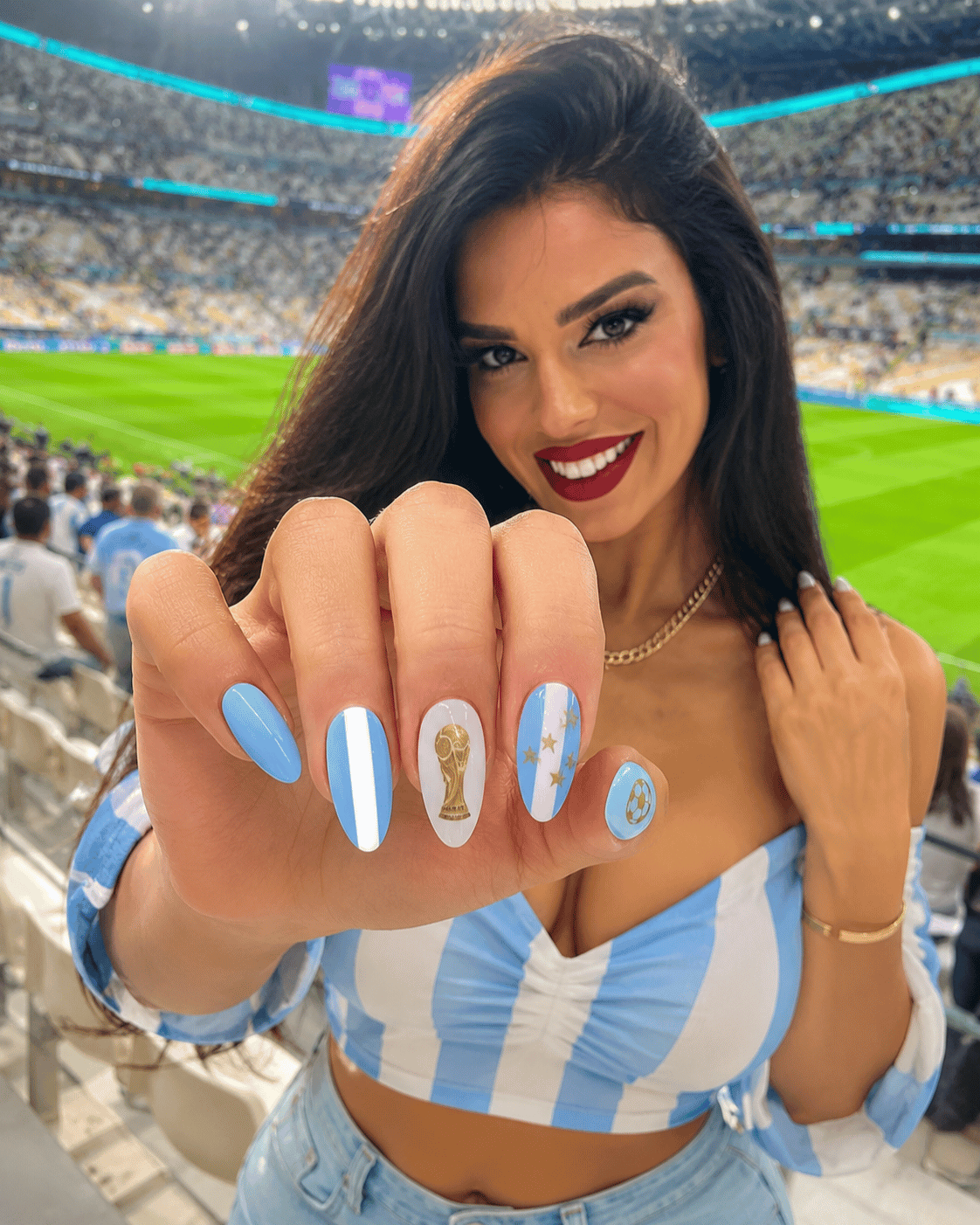 Argentina championship nails featuring sky blue and white football-inspired nail art with gold stars at a stadium match.