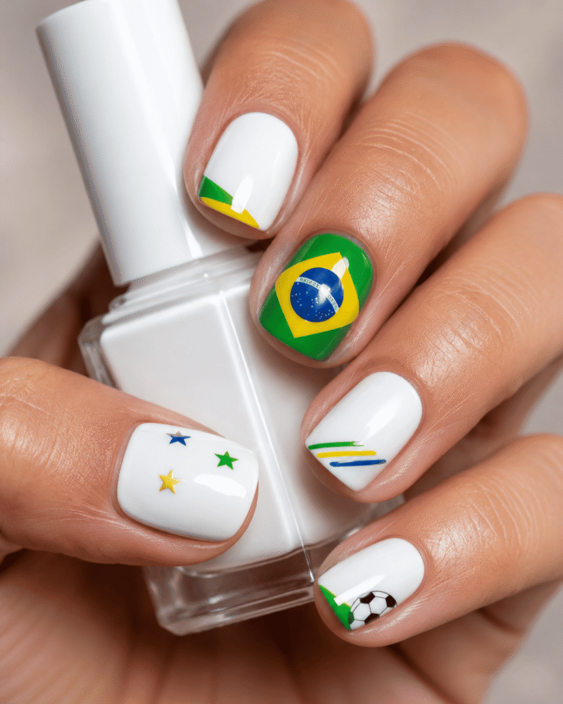 Brazil flag nails featuring detailed green, yellow, and blue football-inspired nail art celebrating Brazilian soccer pride.