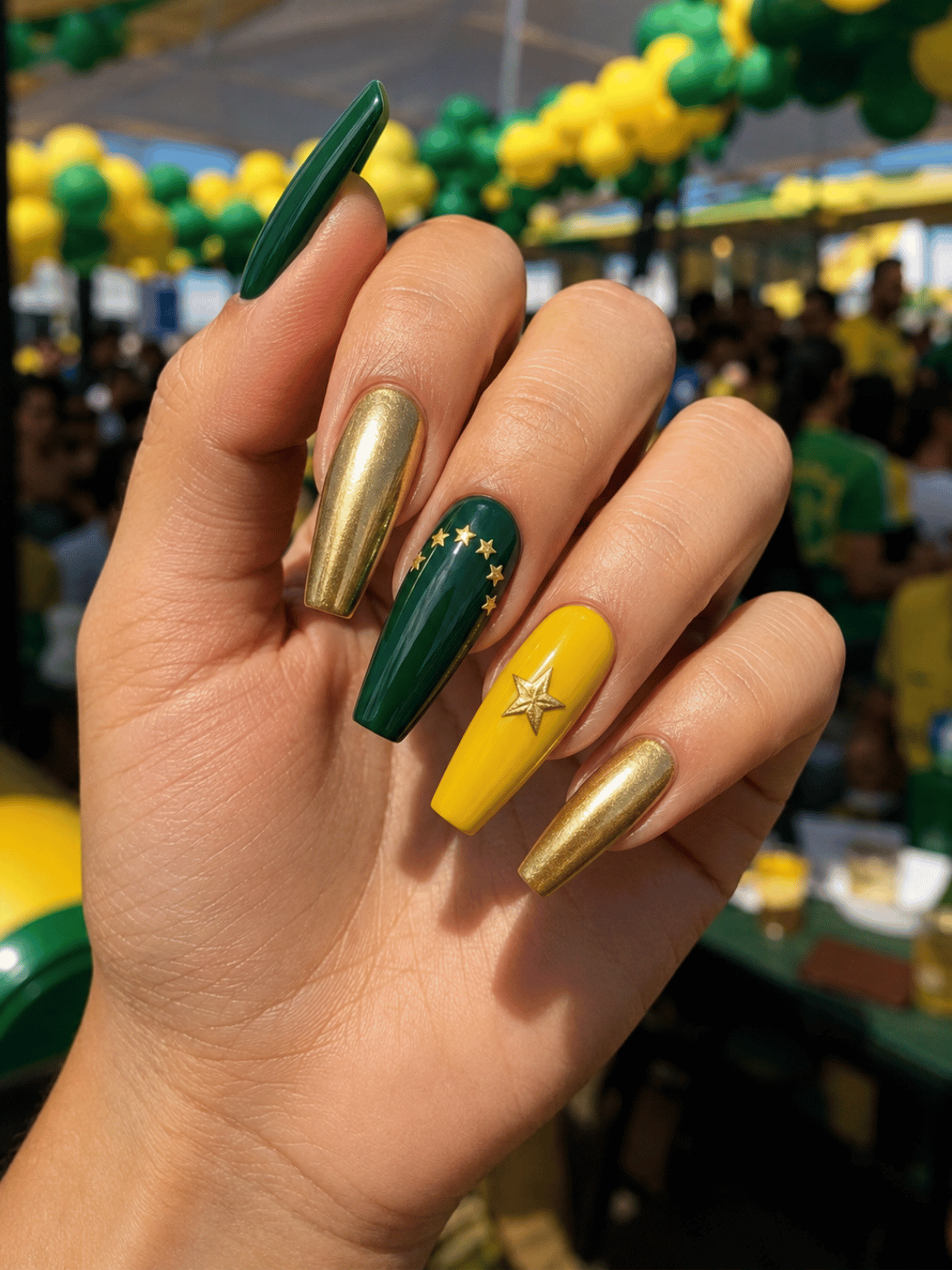 Brazil World Cup trophy nails with green and gold coffin manicure featuring five championship stars