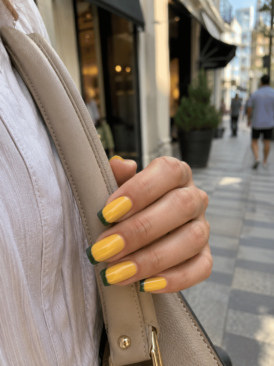Brazil yellow and green French tip coffin nails with a yellow base and green tips inspired by Brazil football colors