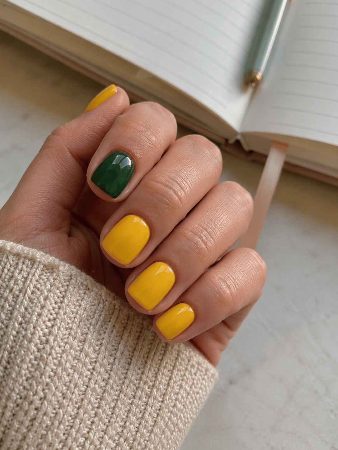 Brazil yellow and green square nails with glossy sunflower yellow manicure and forest green accent nail