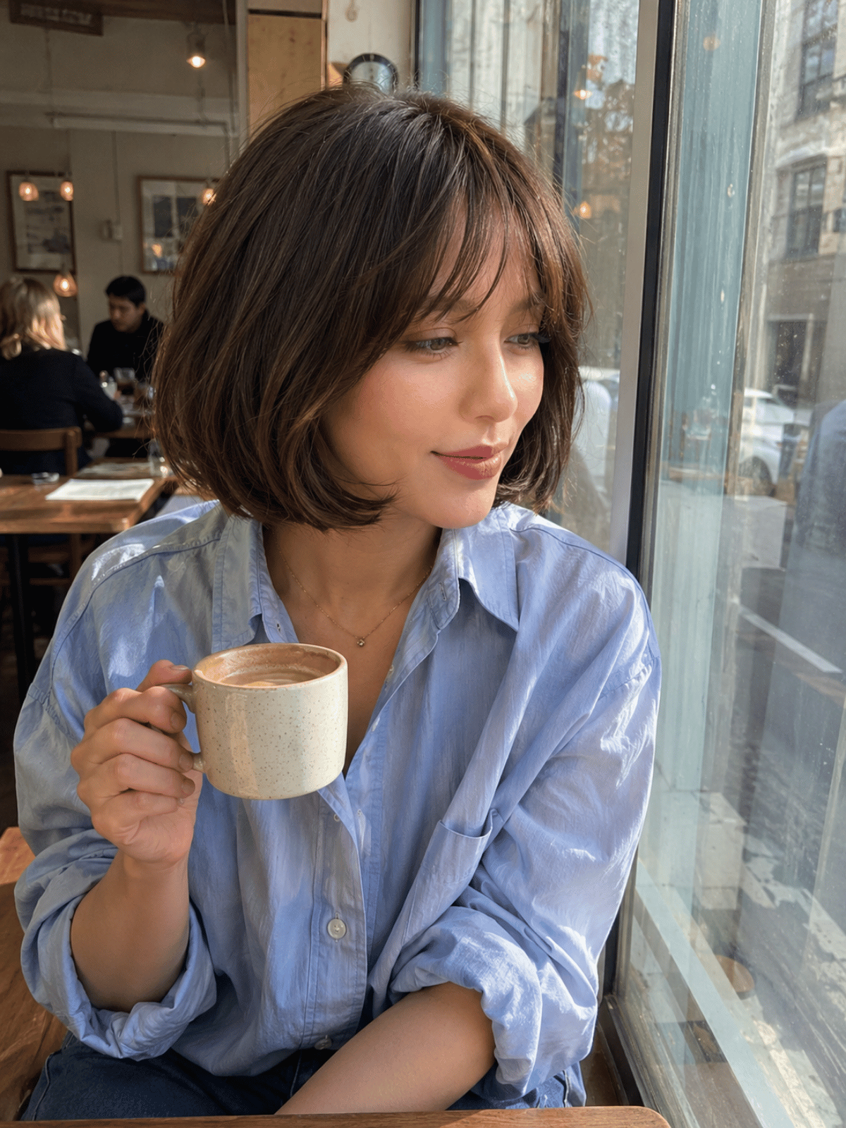 Classic French bob haircut sitting at chin length with soft bangs, natural texture, and relaxed movement around the jawline.