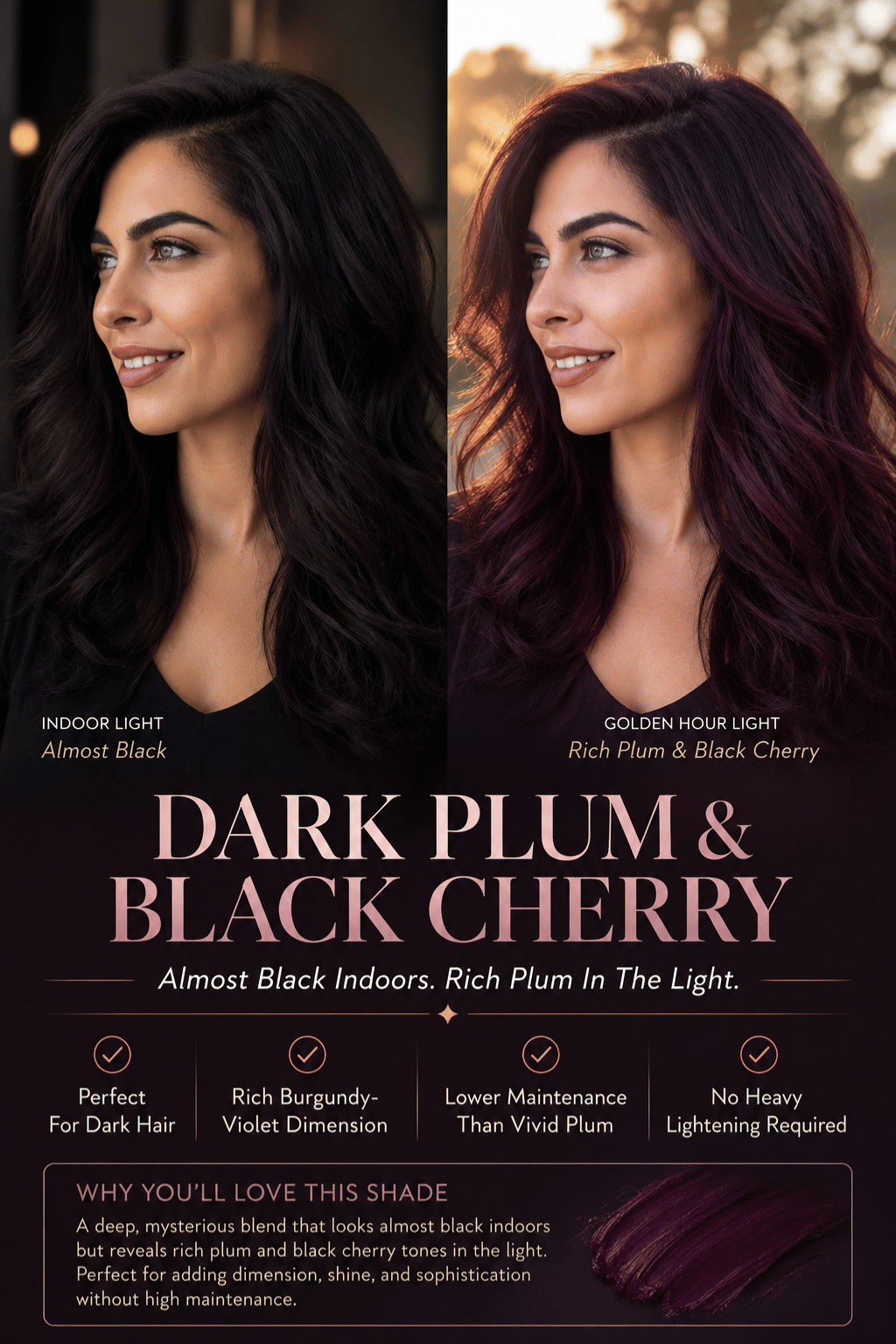 Woman with dark plum and black cherry hair color showing rich burgundy-violet tones that appear nearly black indoors and more vibrant in natural light.