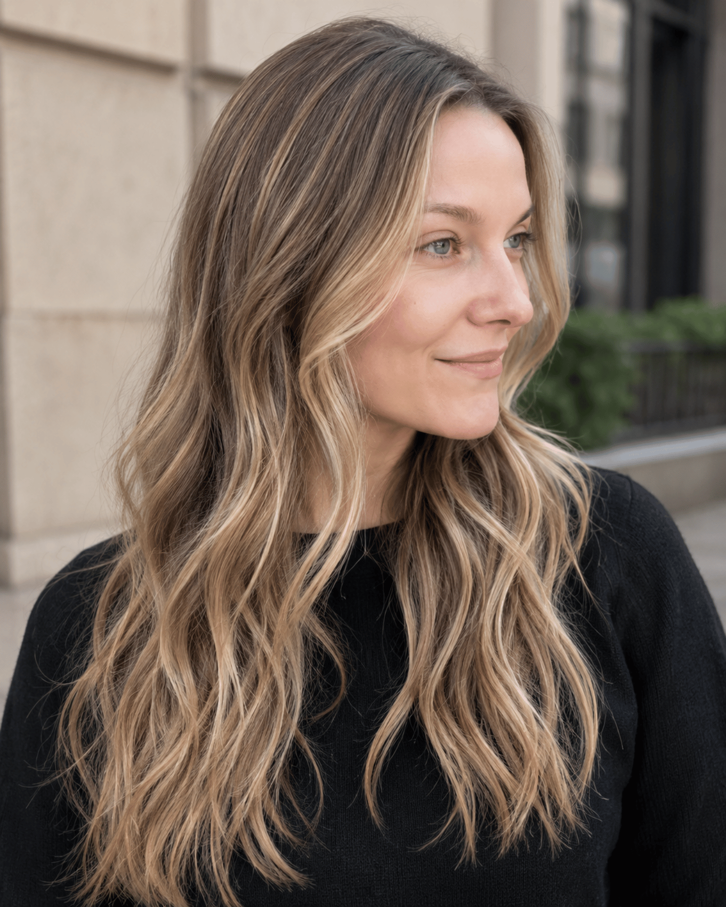 Dark sandy blonde hair with bronde balayage and shadow root blending on olive skin tone
