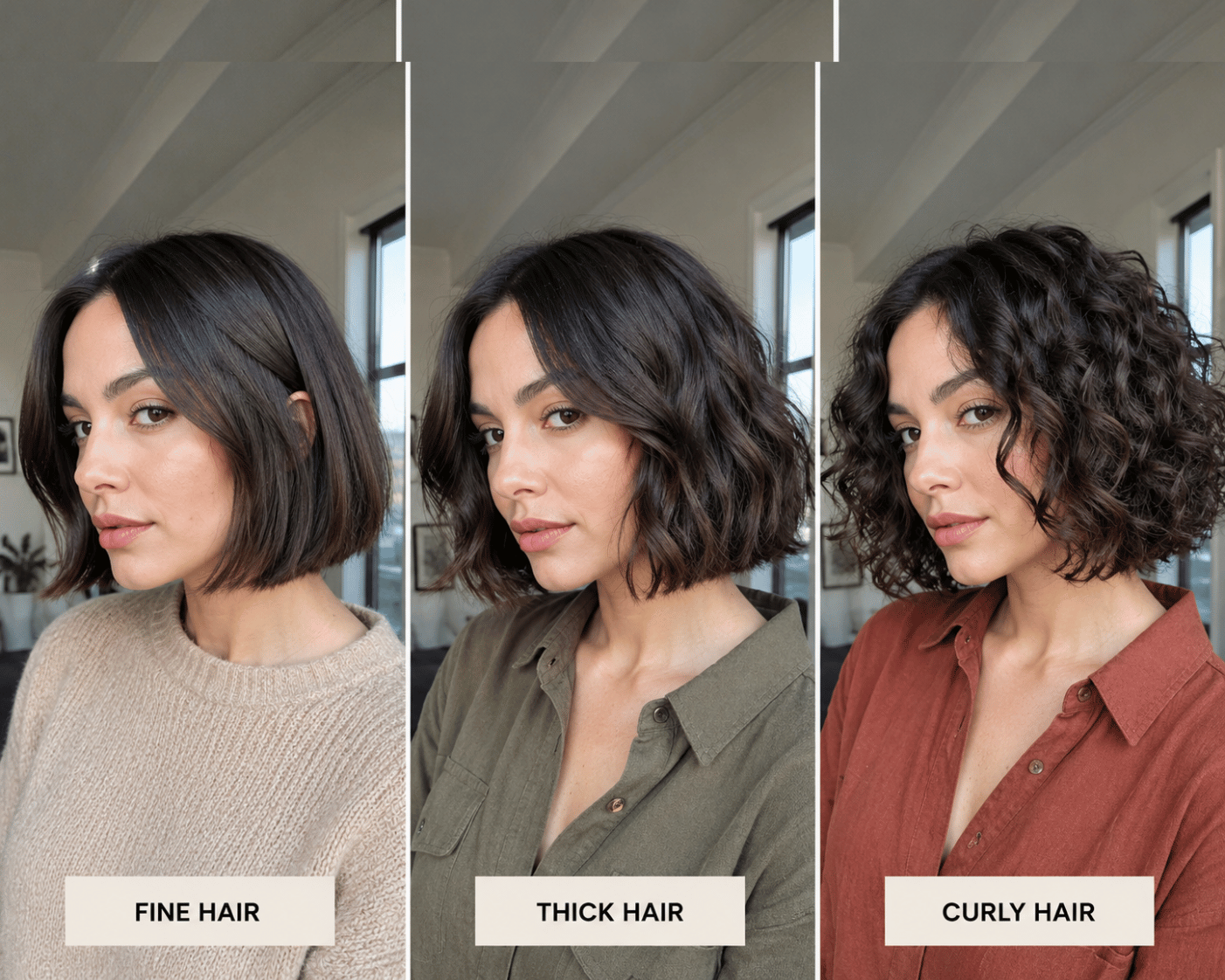 Side-by-side comparison of French bob hairstyles on fine hair, thick hair, and curly hair showing differences in volume, texture, and shape.