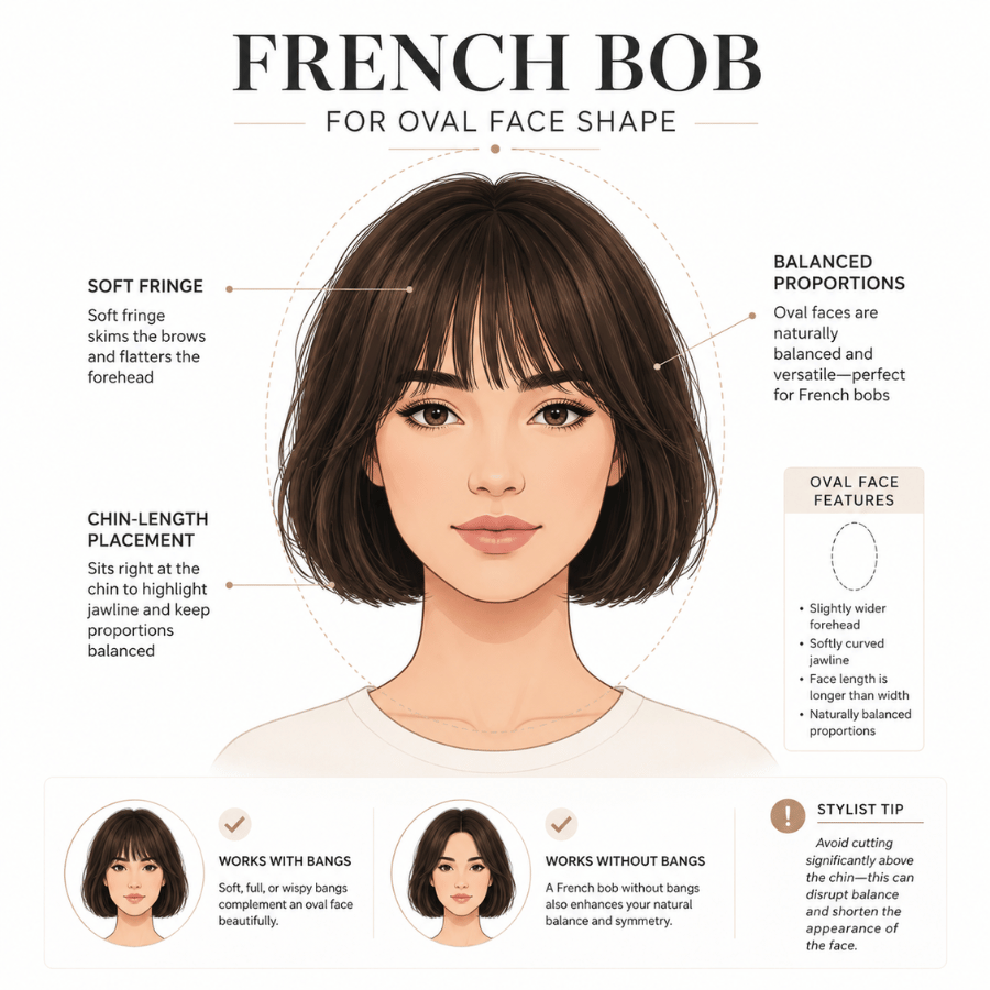 Illustration showing a French bob haircut on an oval face shape with chin-length hair and soft fringe demonstrating ideal proportions.
