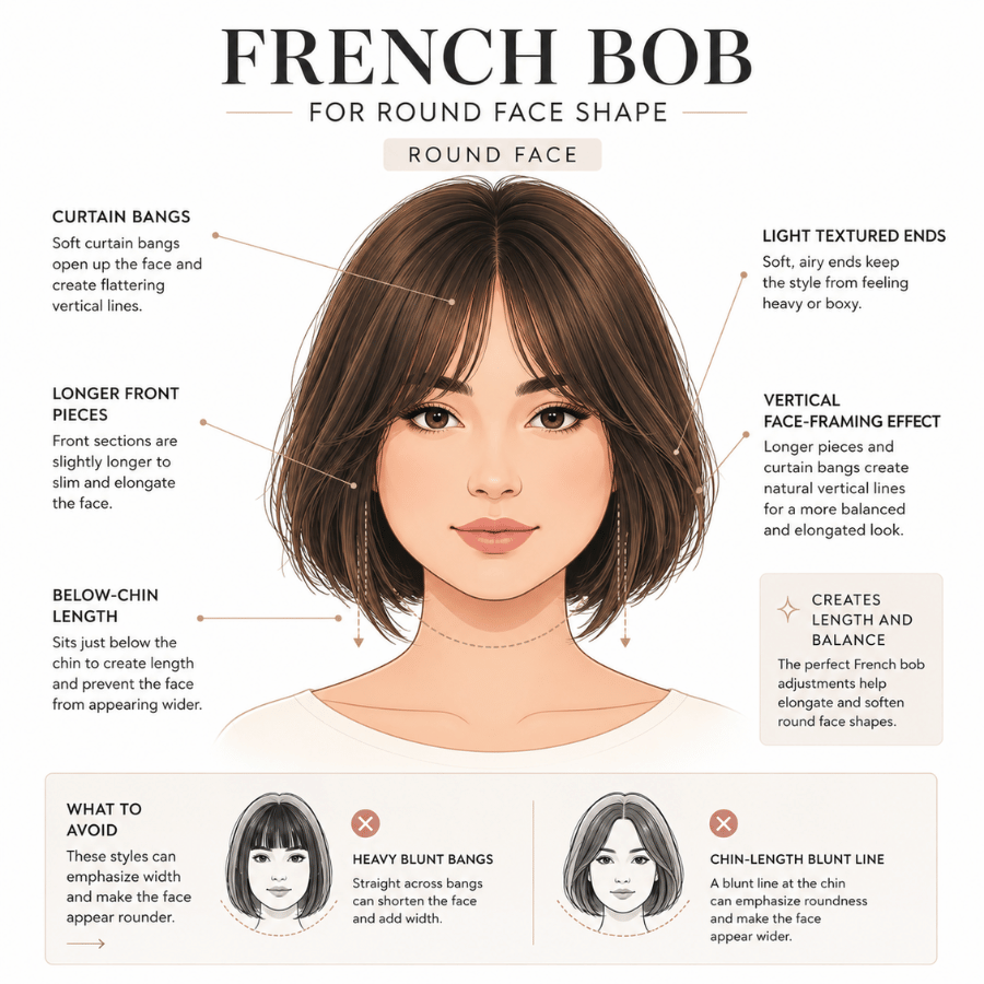 Illustrated guide showing a French bob haircut for a round face shape with below-chin length, curtain bangs, and longer front pieces for balance.