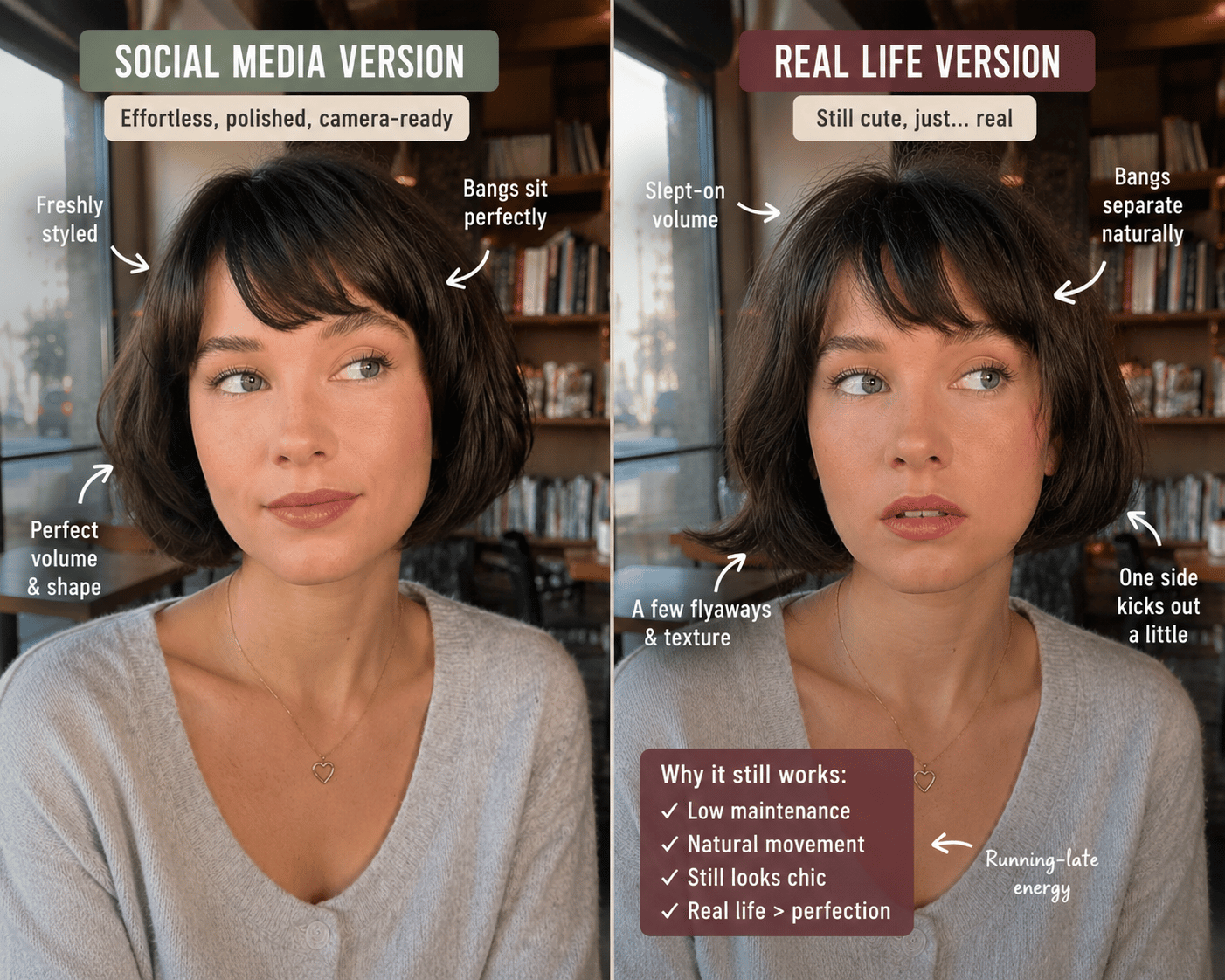 Side-by-side comparison showing a professionally styled French bob versus a realistic day-two French bob with natural texture and movement.