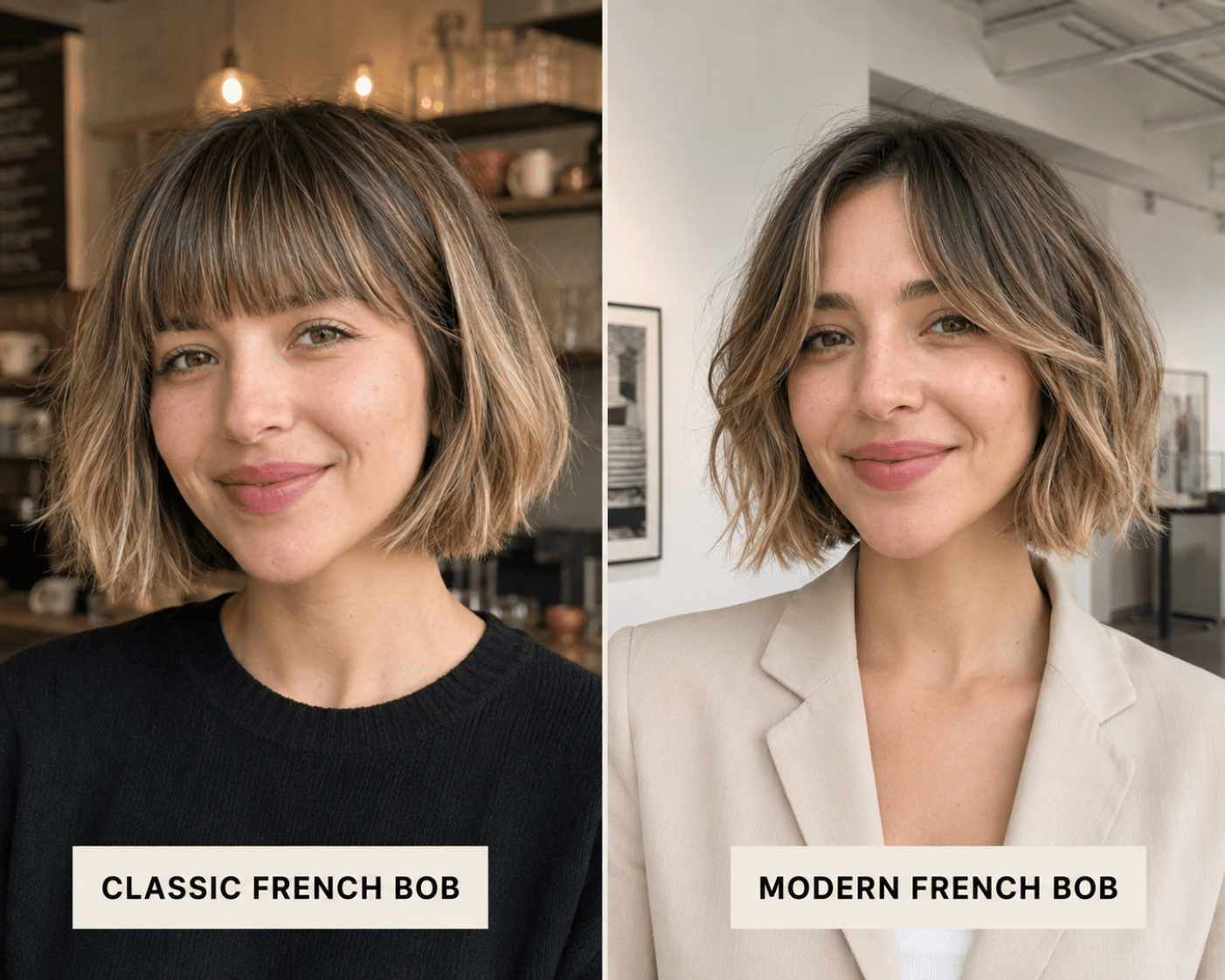 Side-by-side comparison of modern French bob and classic French bob haircuts showing differences in length, bangs, texture, and overall style.