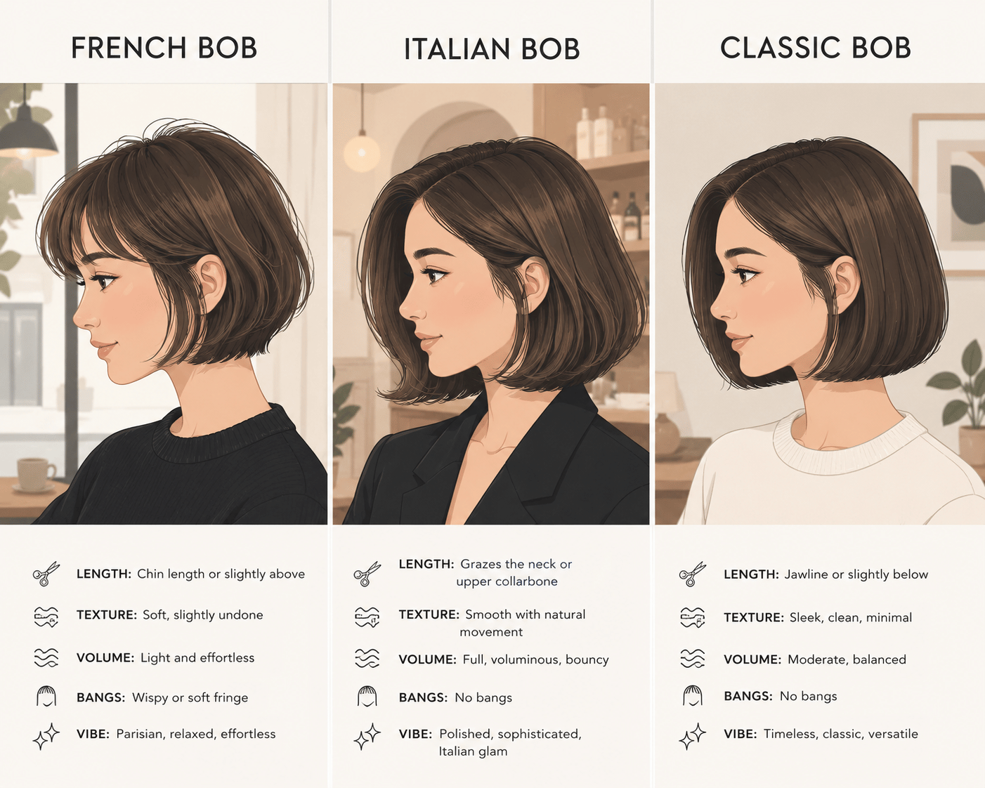 Illustrated comparison infographic showing French bob, Italian bob, and classic bob hairstyles side by side, highlighting differences in length, texture, volume, bangs, and overall styling.