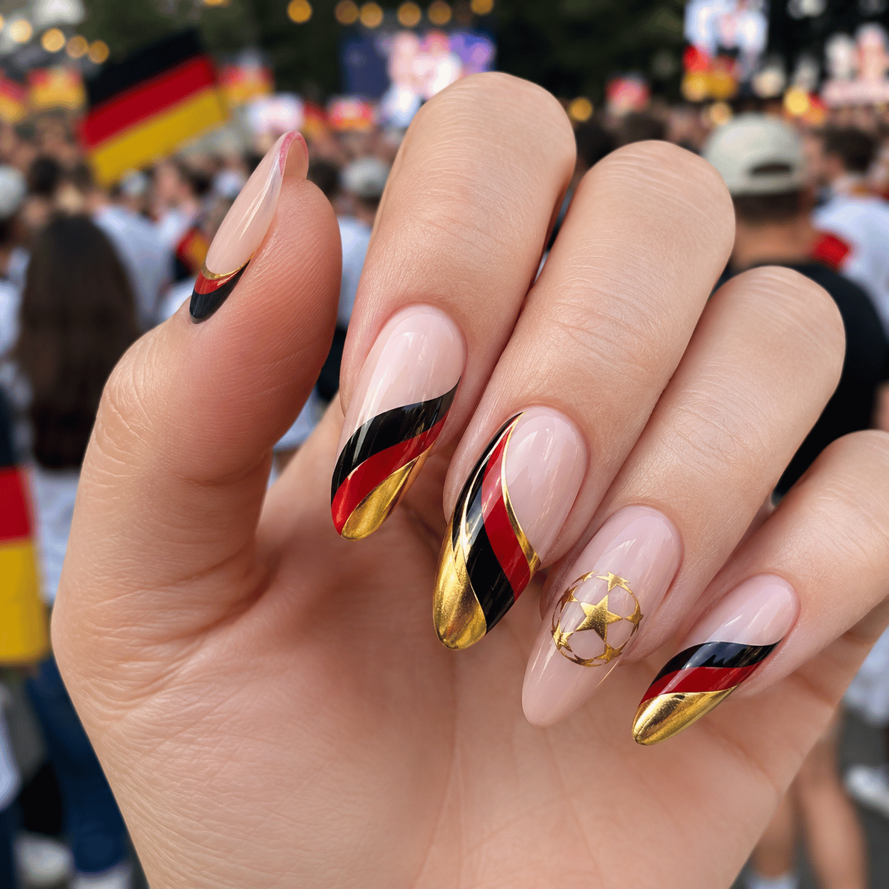 Germany football fan nails featuring flowing black red and gold wave nail art inspired by stadium celebrations and FIFA 2026 supporters.