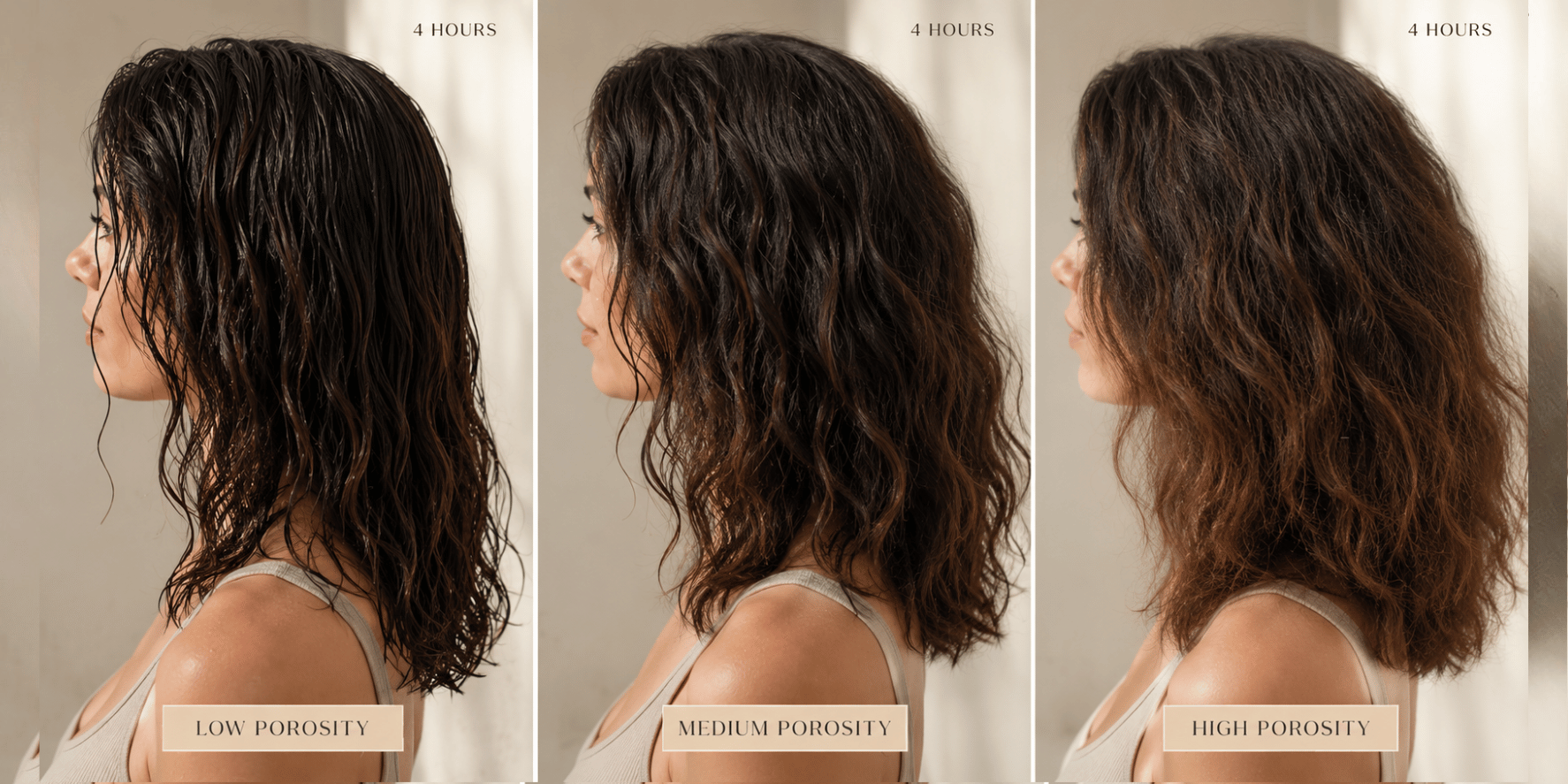 Comparison showing how low, medium, and high porosity hair appear after air-drying for the same amount of time