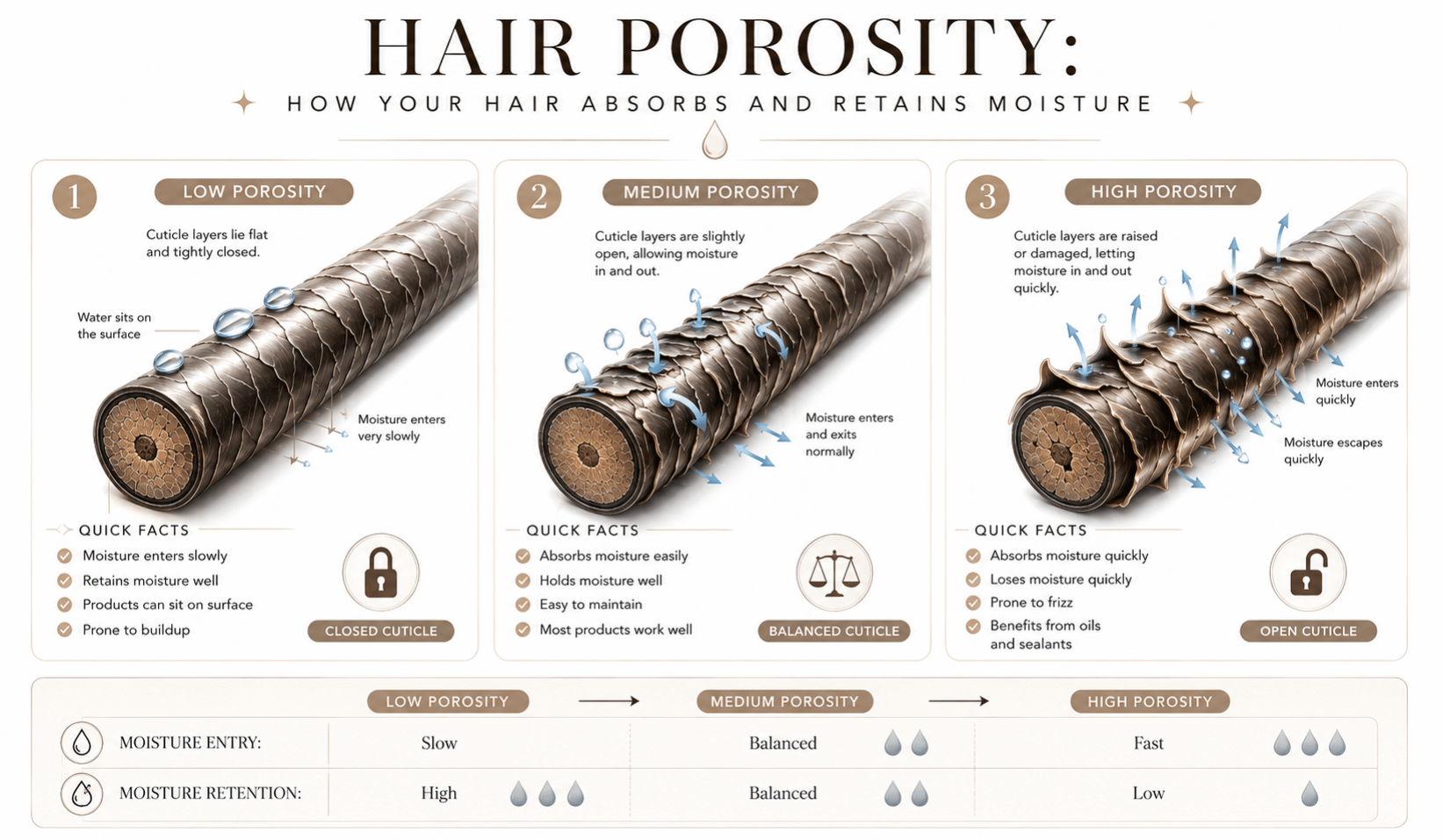 Hair porosity infographic showing low, medium, and high porosity hair cuticle structures with moisture absorption and retention comparisons.