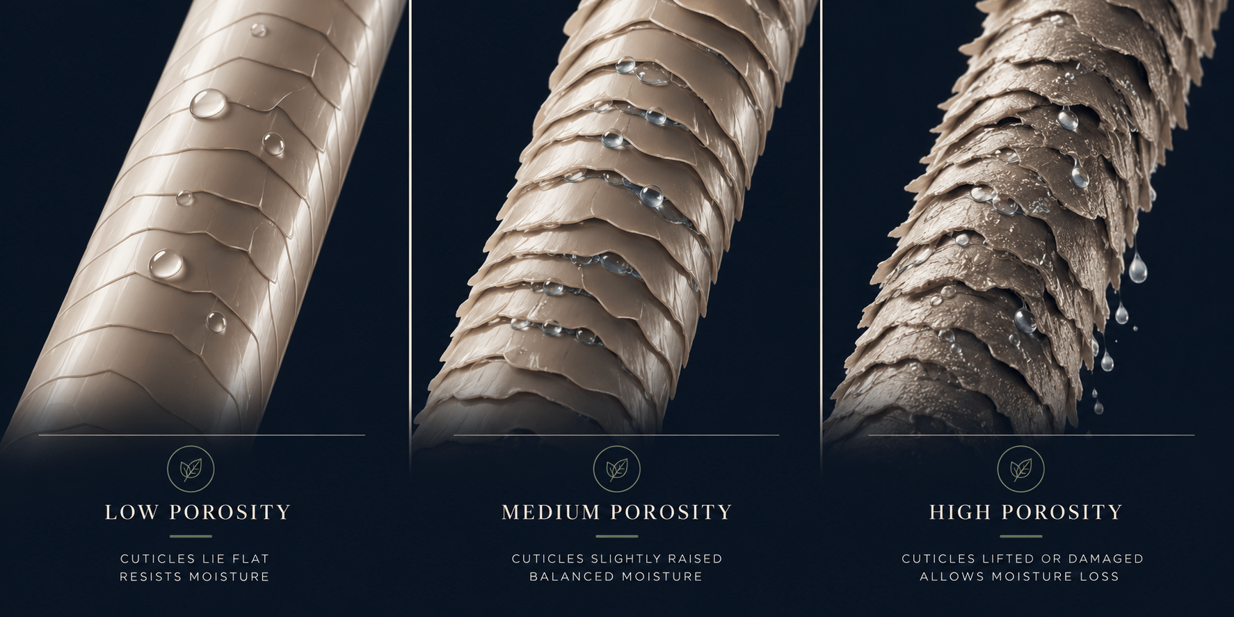 Illustrated comparison of low, medium, and high hair porosity showing how different cuticle structures affect moisture absorption and retention