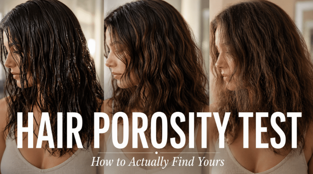 Comparison of low, medium, and high porosity hair featured in a guide explaining how to determine hair porosity