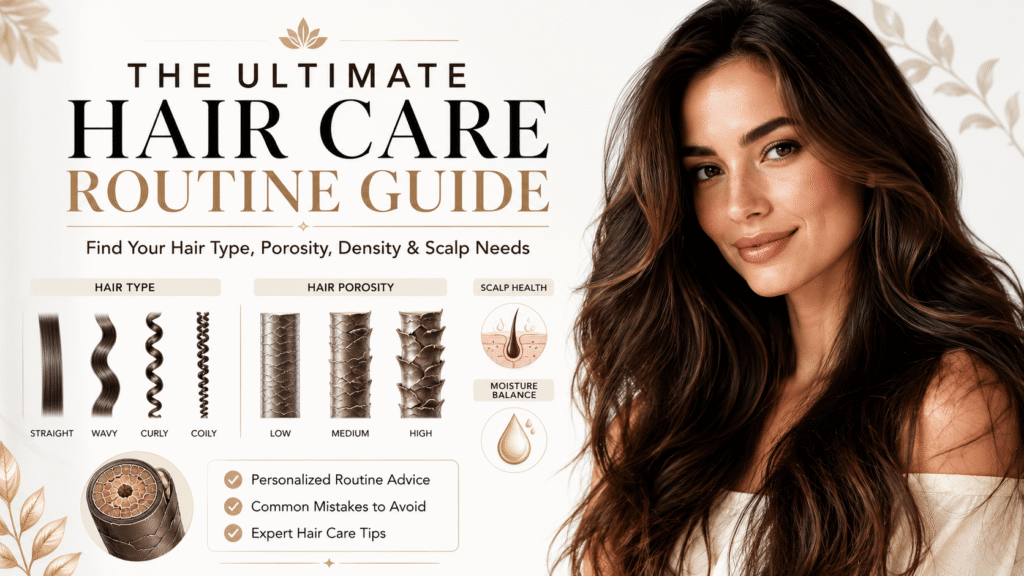 Woman with healthy hair alongside illustrations of hair types, porosity levels, density, and scalp health factors.
