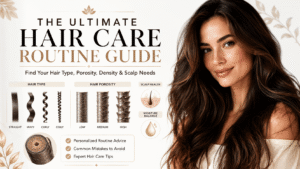 Woman with healthy hair alongside illustrations of hair types, porosity levels, density, and scalp health factors.