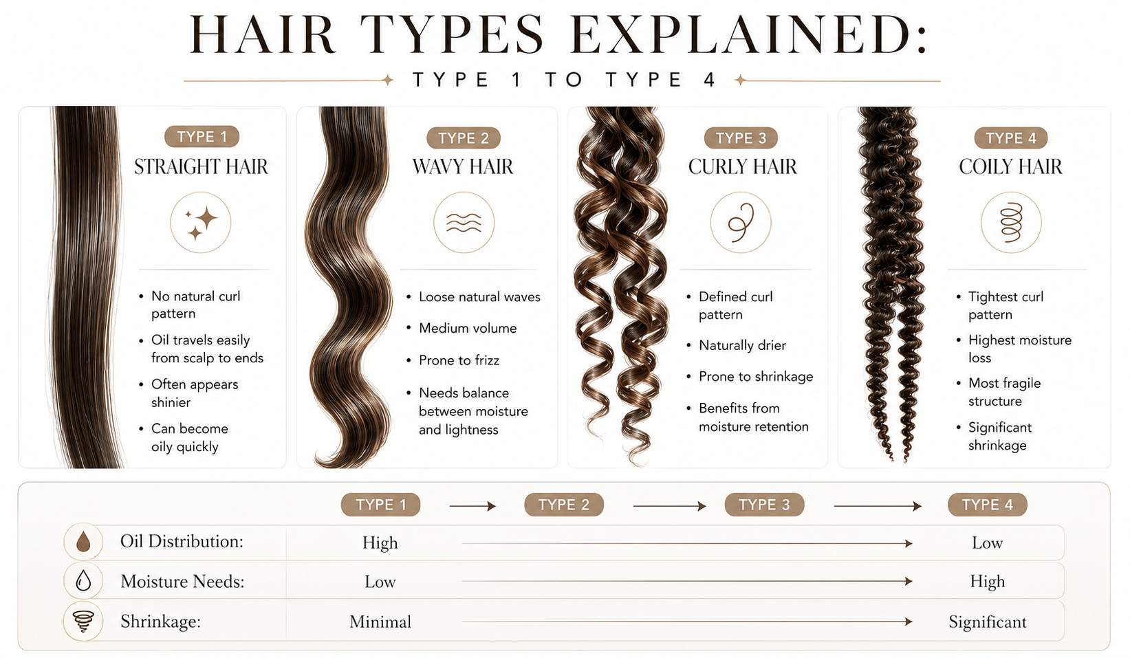 Hair type chart showing Type 1 straight hair, Type 2 wavy hair, Type 3 curly hair, and Type 4 coily hair with key characteristics and curl pattern illustrations.