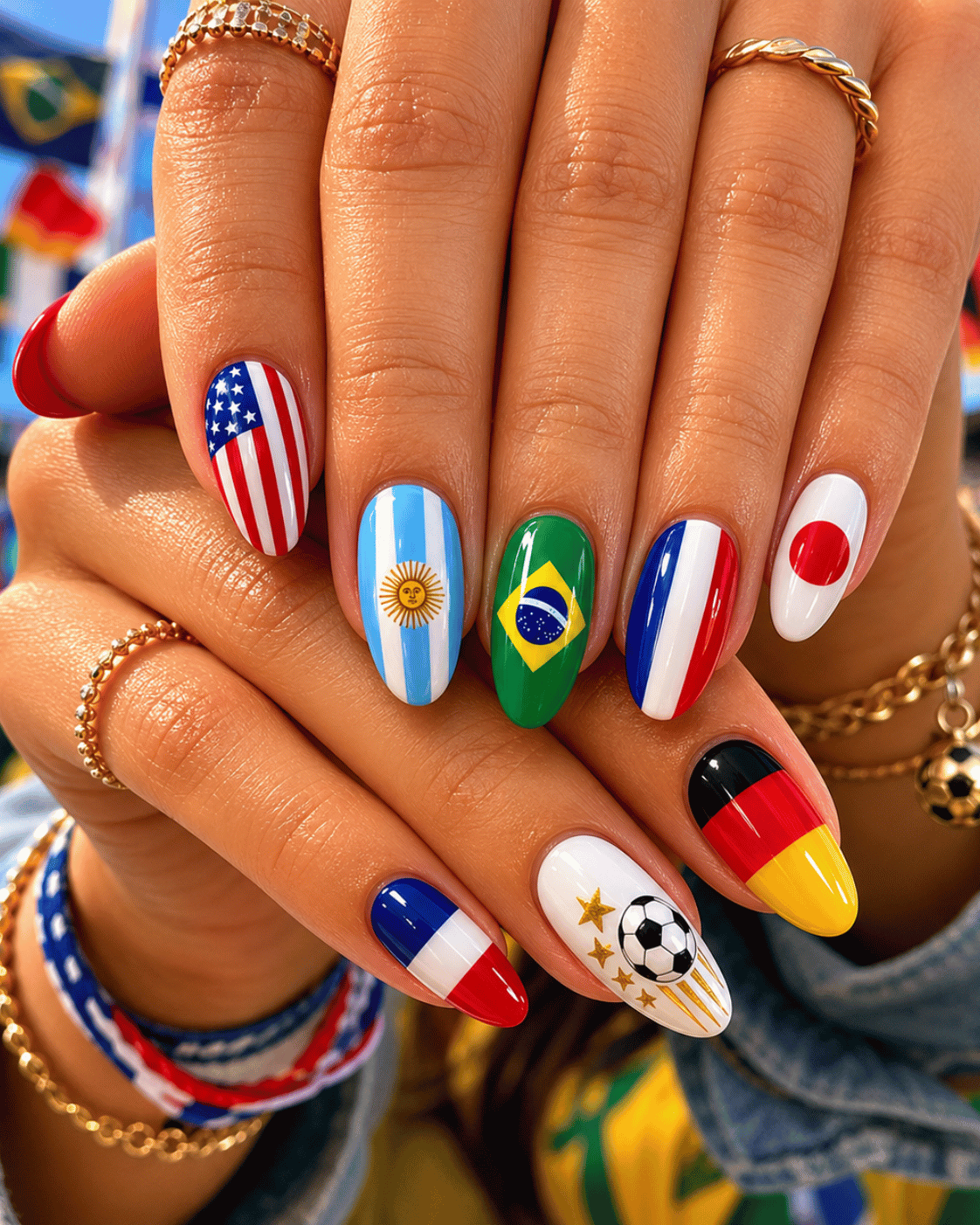 World Cup flag nails featuring Brazil, USA, Japan, Germany, and France inspired nail art with a soccer ball accent design.